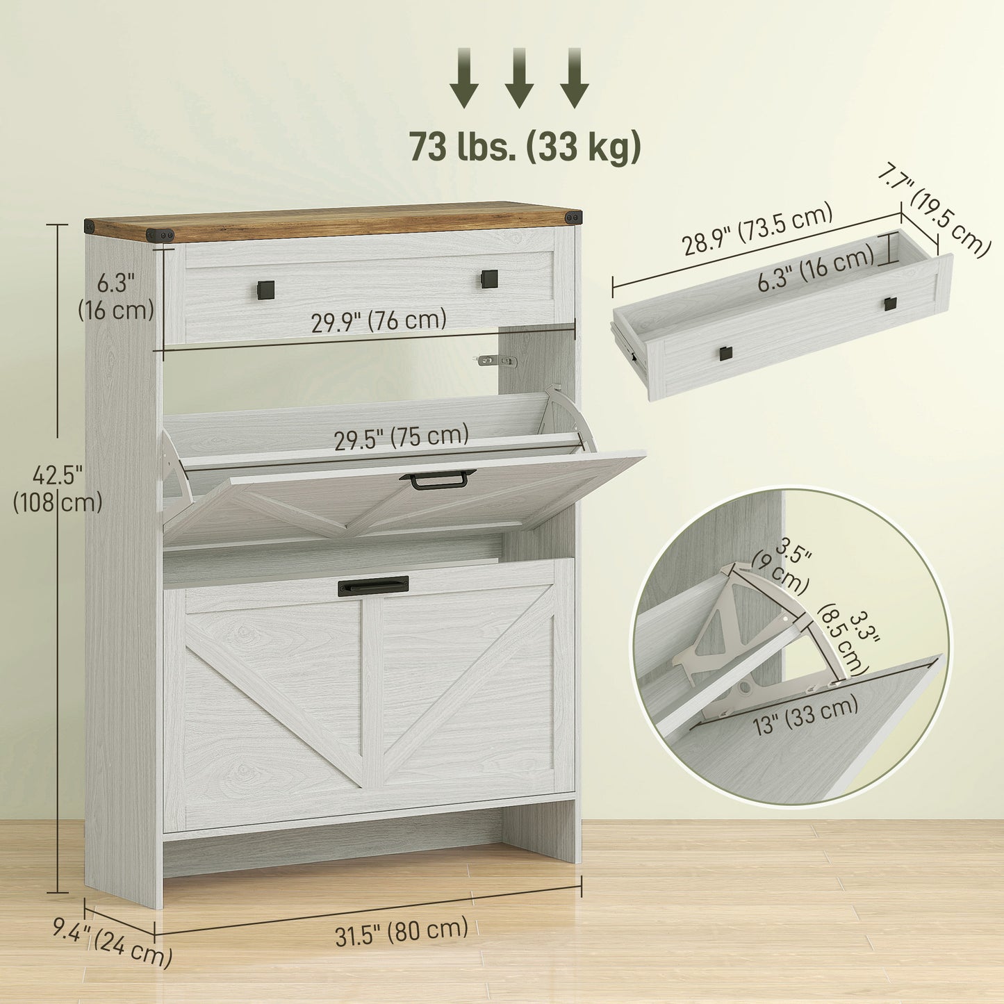 Narrow Shoe Storage Cabinet, Farmhouse Shoe Cabinet with 2 Flip Drawers, 1 Drawer, 12 Pairs for Entryway, White Kids Crystal