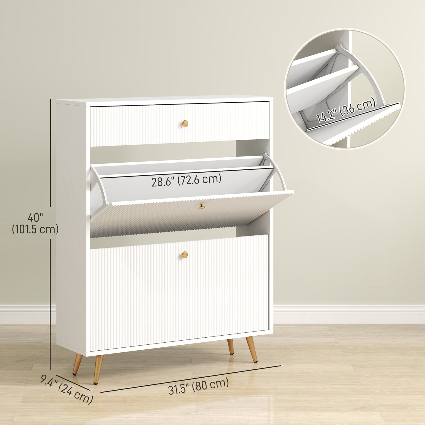 Narrow Shoe Storage Cabinet with Wave-like Panels and Adjustable Shelves for 12 Pairs of Shoes, White Kids Crystal