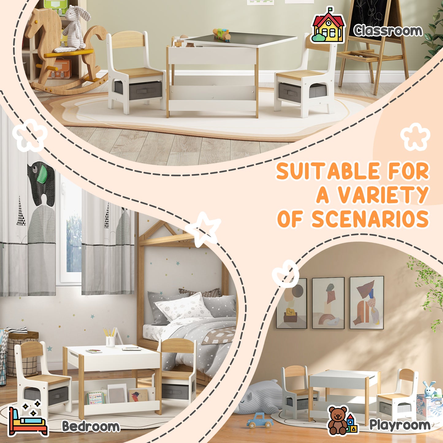 3-Piece Kids Table & Chair Set with Reversible Tabletop & Storage in Natural - Perfect for Nurseries