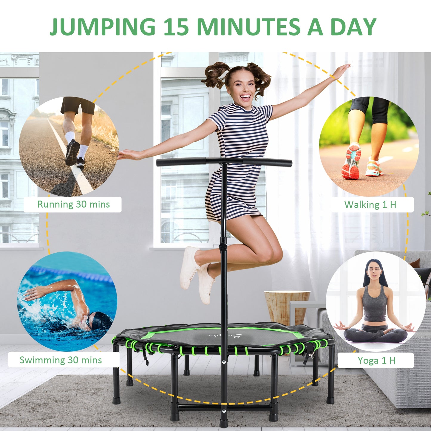Foldable Mini Trampoline with Adjustable Handle Bar 48" for Adult Fitness Workout Green Kids Crystal