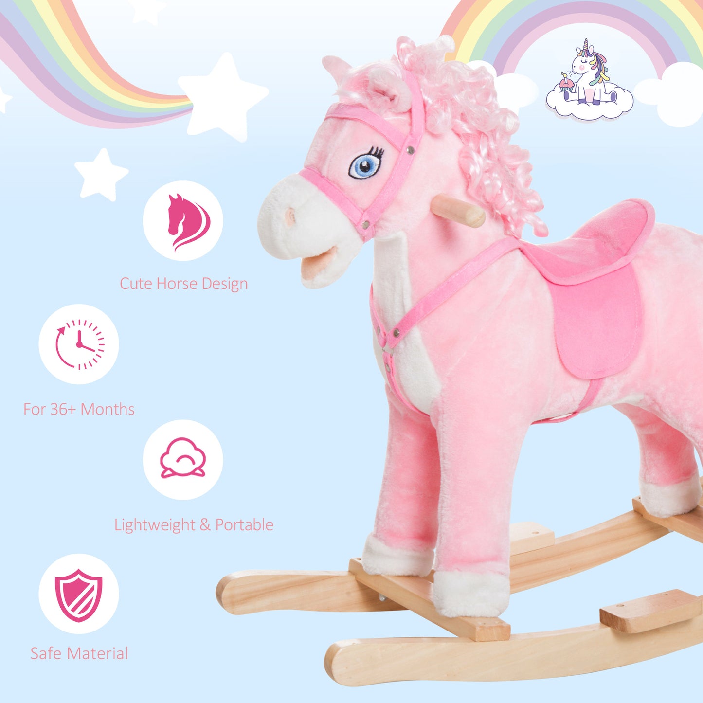 Kids Plush Rocking Horse Poney Child Ride On Toy Rocker w/ Realistic Sounds Pink Kids Crystal