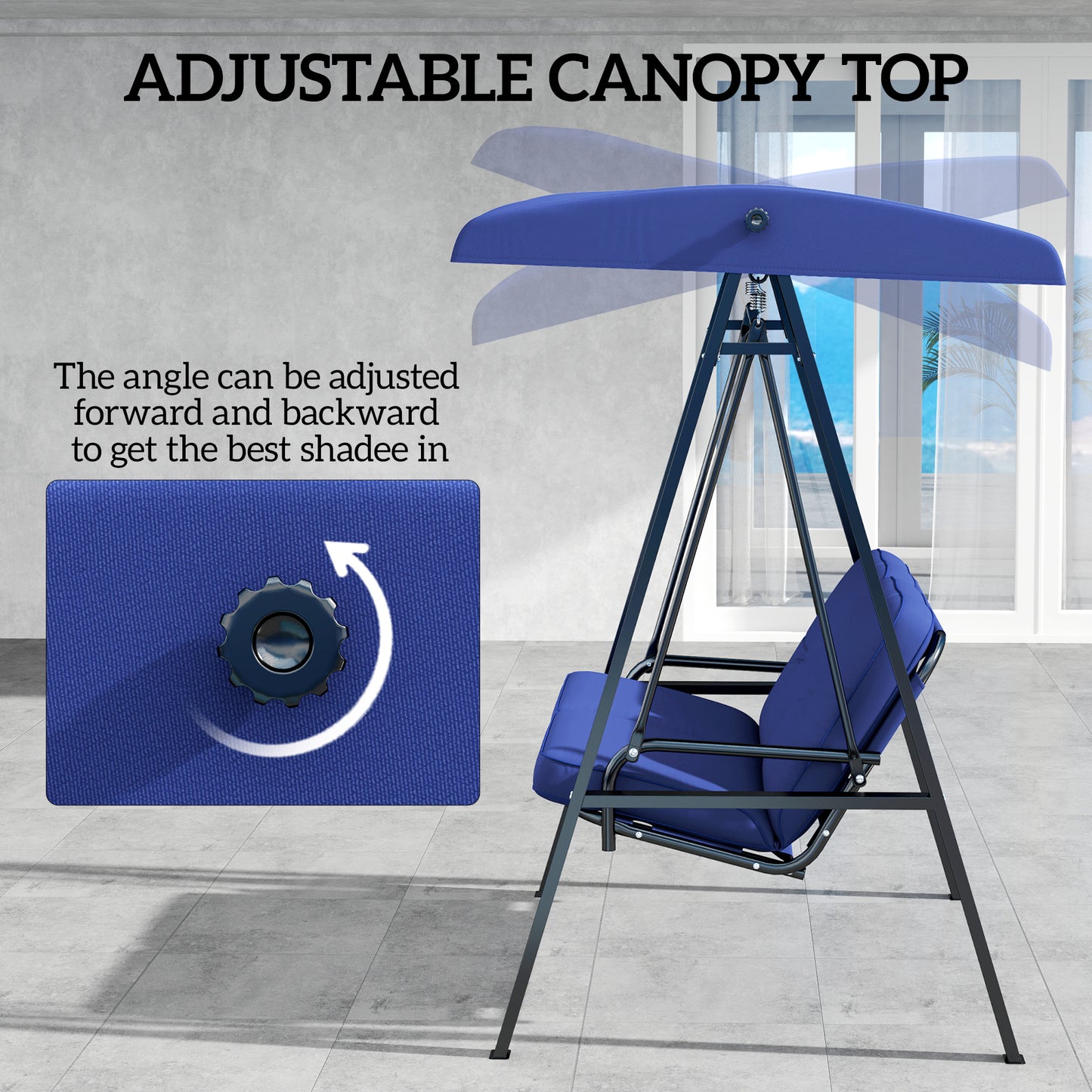 2-Seater Outdoor Porch Swing with Adjustable Canopy, Patio Swing Chair for Garden, Poolside, Backyard, Dark Blue