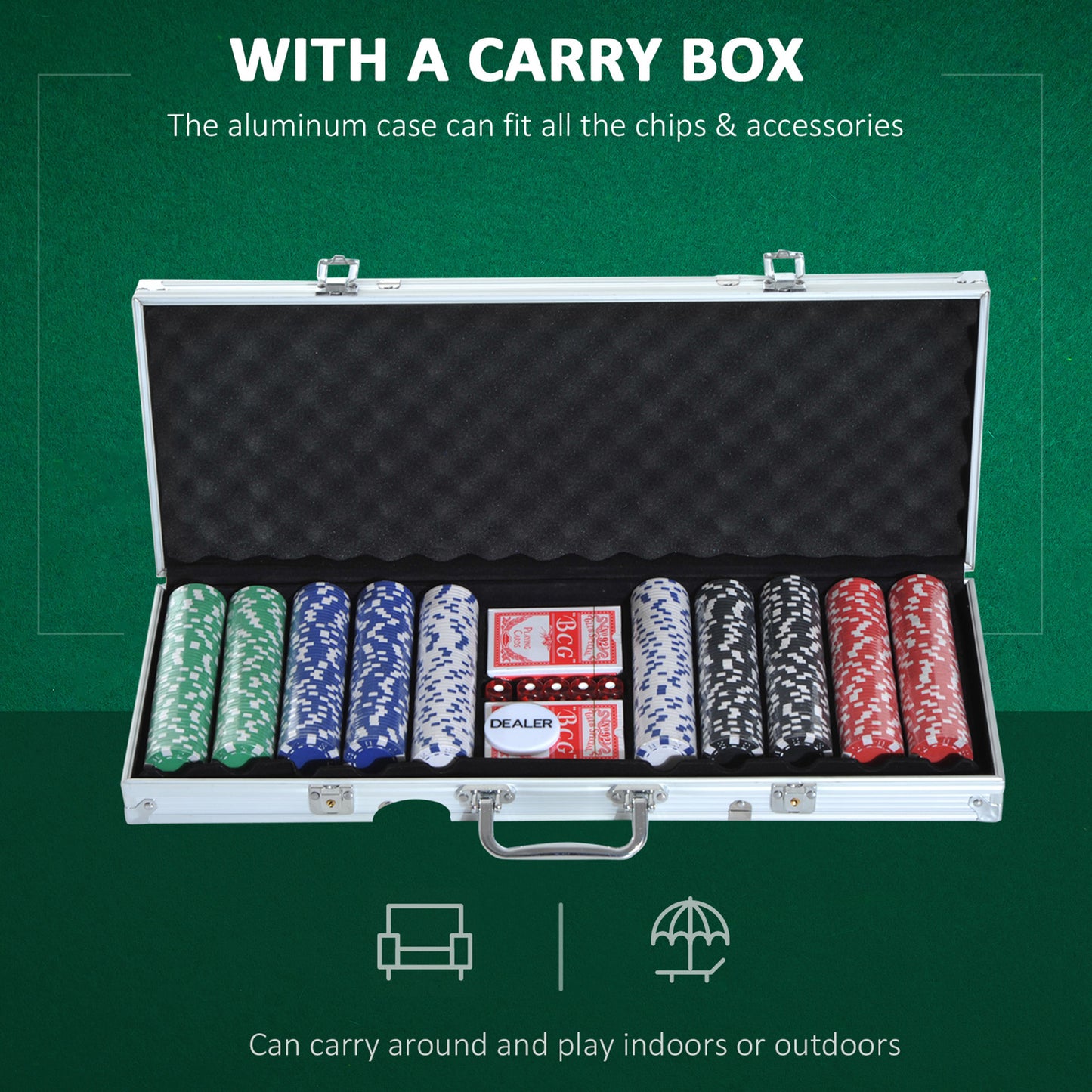 Premium Poker Chips Set with Durable Silver Aluminum Case 500 Striped Dice 2 Card Decks for Casino Night Kids Crystal
