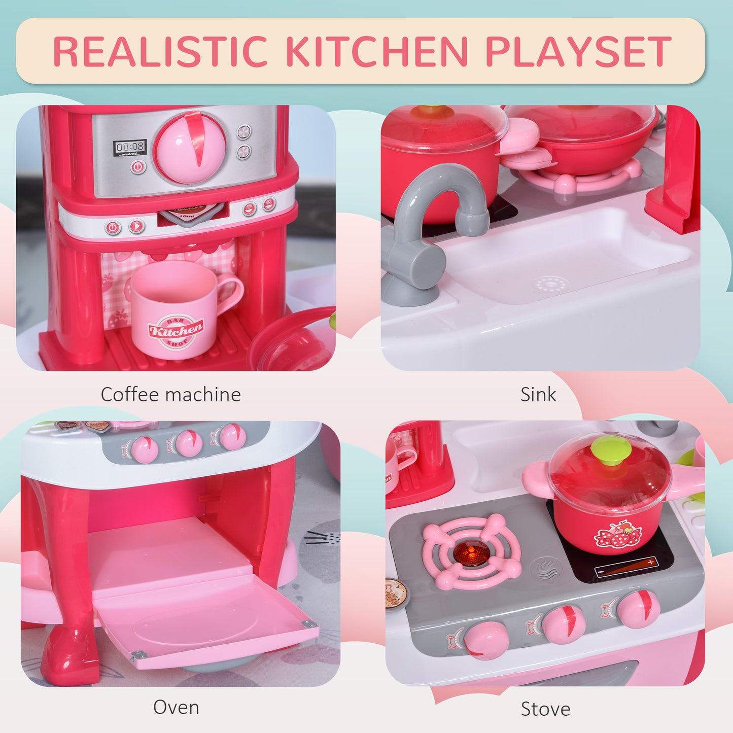 Children's Kitchen Playset with Light & Sound, 38Pcs Toy Accessories, Ideal for Pretend Play, Pink Kids Crystal