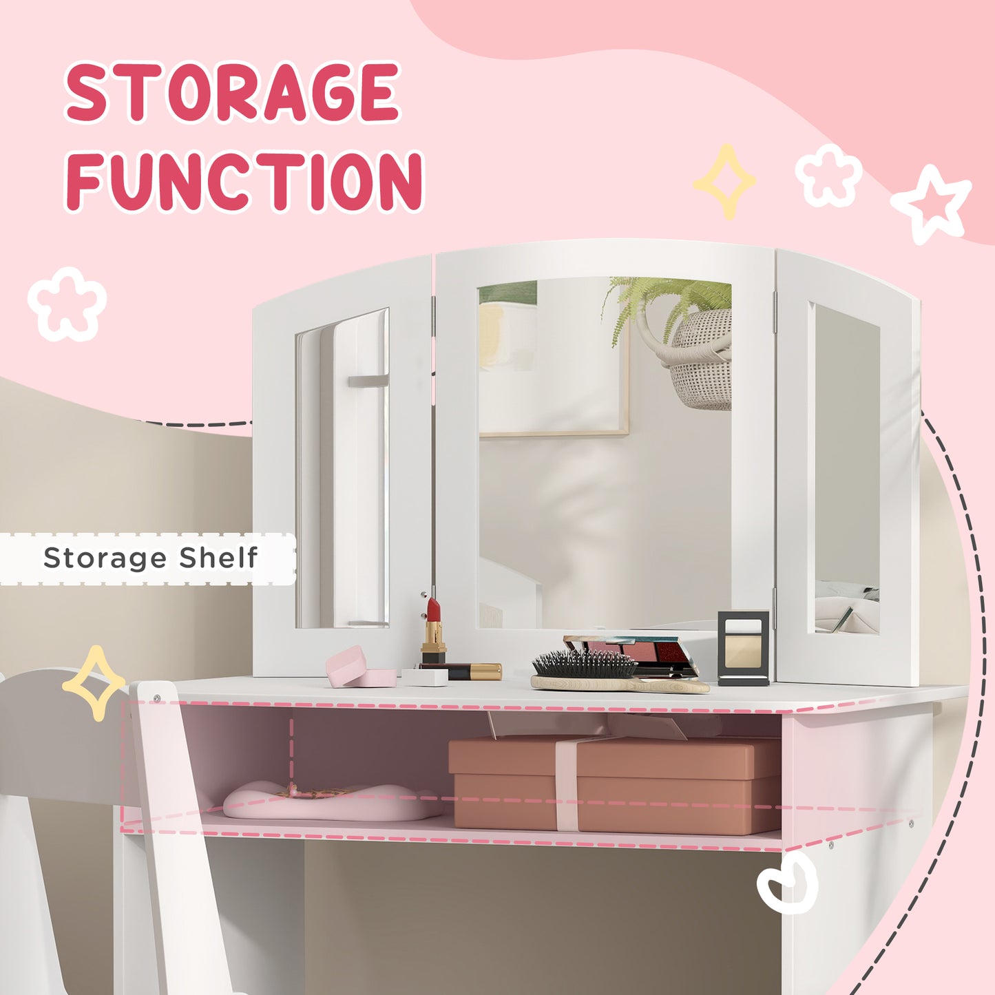 2 in 1 Kids Vanity Set Makeup Dressing Table Pretend Play Set with Tri-Folding Mirror, Stool, Storage Shelf Kids Crystal