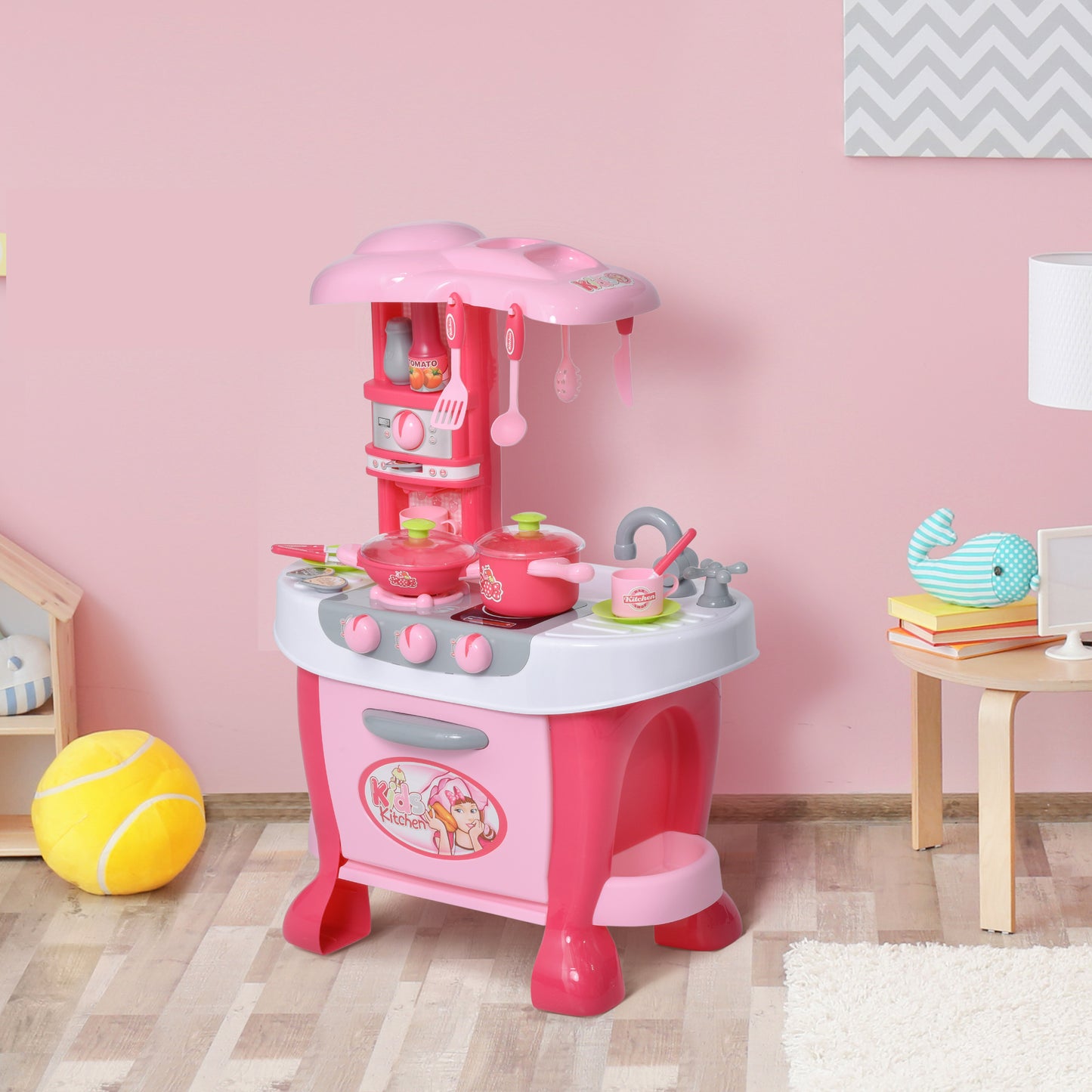 Children's Kitchen Playset with Light & Sound, 38Pcs Toy Accessories, Ideal for Pretend Play, Pink Kids Crystal
