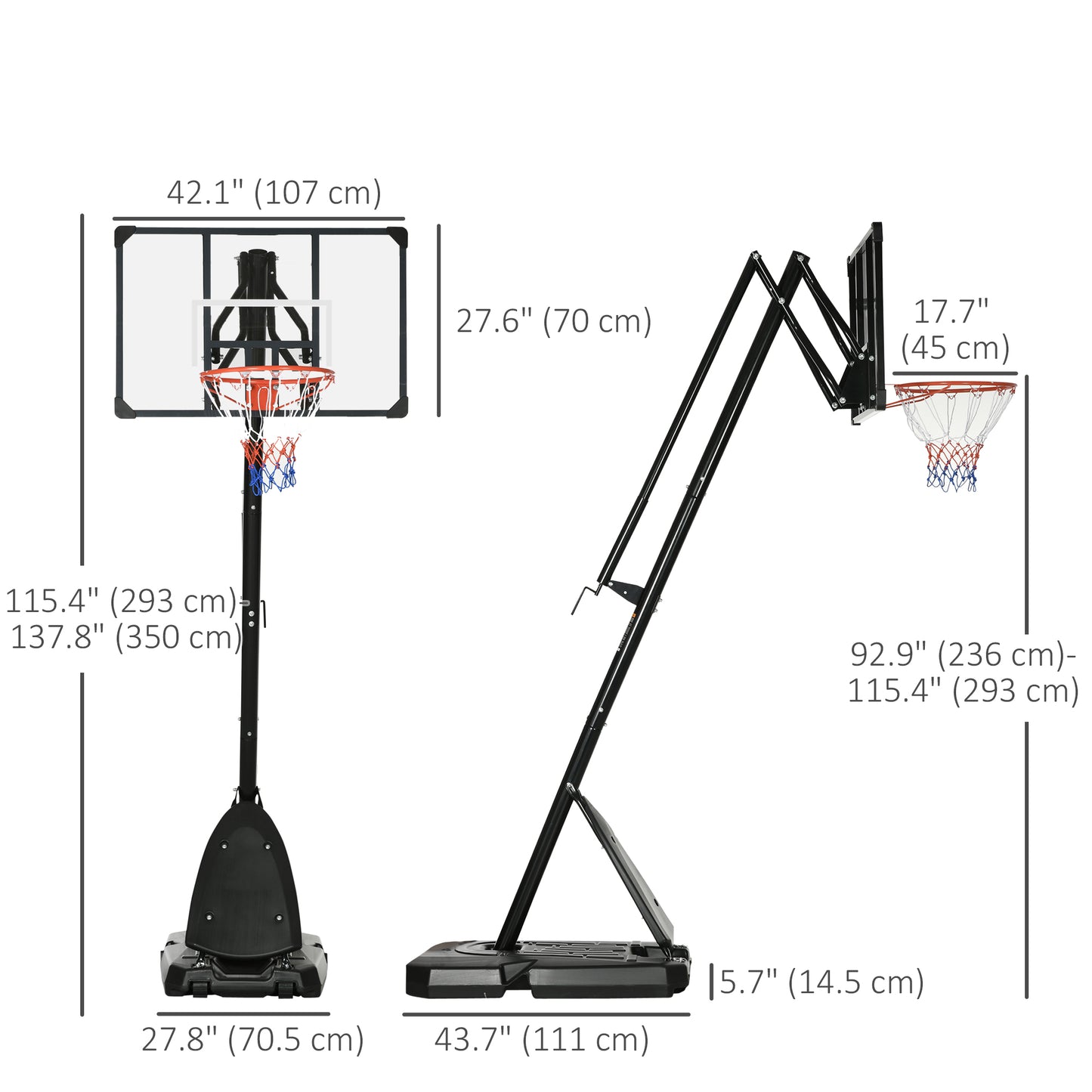 Adjustable Height Portable Basketball Hoop Stand with Backboard Wheels Weighted Base for Outdoor Indoor Play Kids Crystal
