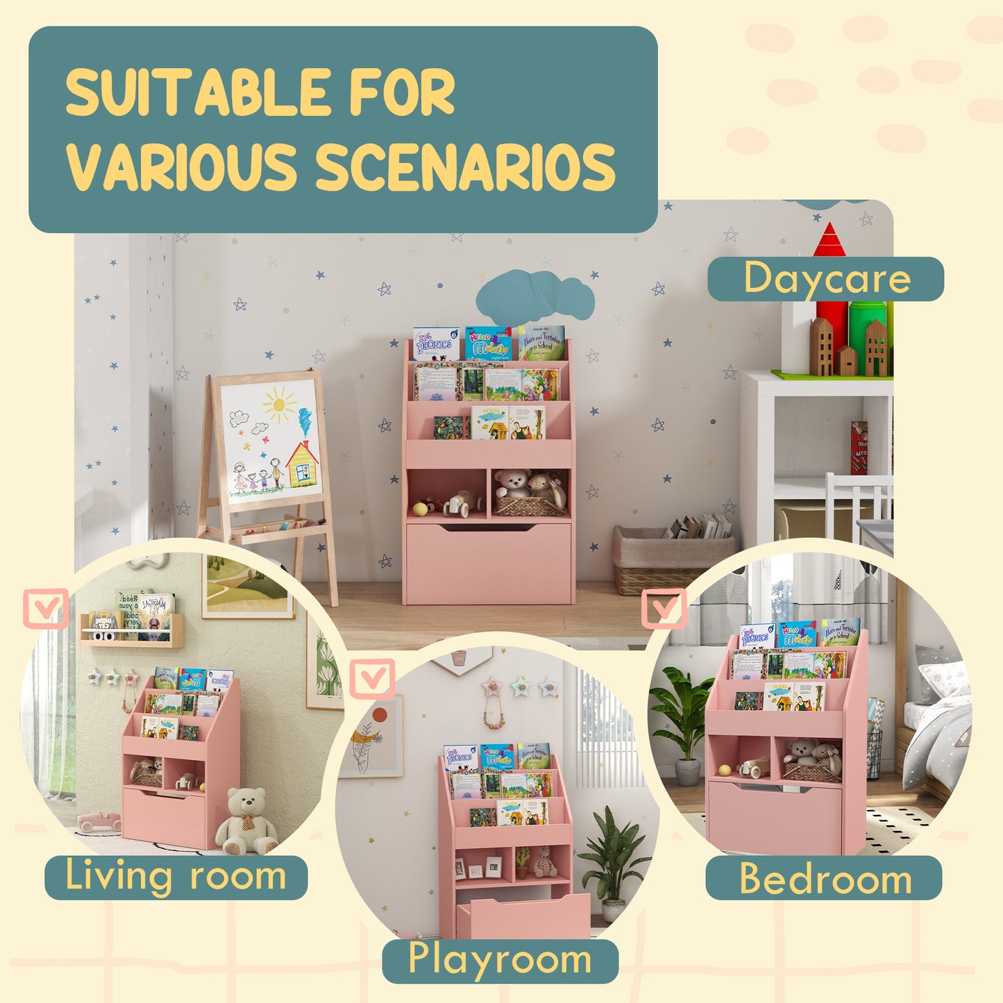 Kids Bookcase with Storage Drawer for Books, Reading Nook, for Classroom, Bedroom, Playroom, Pink