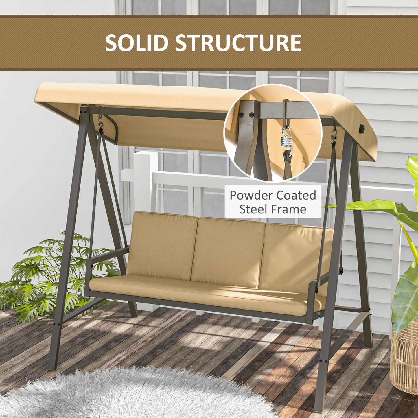 3 Seater Patio Swing Chair, Porch Swing with Adjustable Canopy and Removable Cushions, Outdoor Swing Seat, Beige
