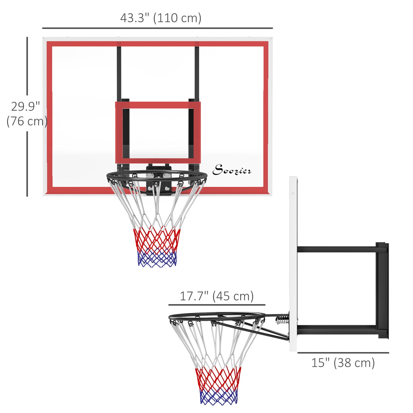 Wall Mounted Basketball Hoop with 43'' x 30'' Shatter Proof Backboard, for Indoor and Outdoor, White Kids Crystal