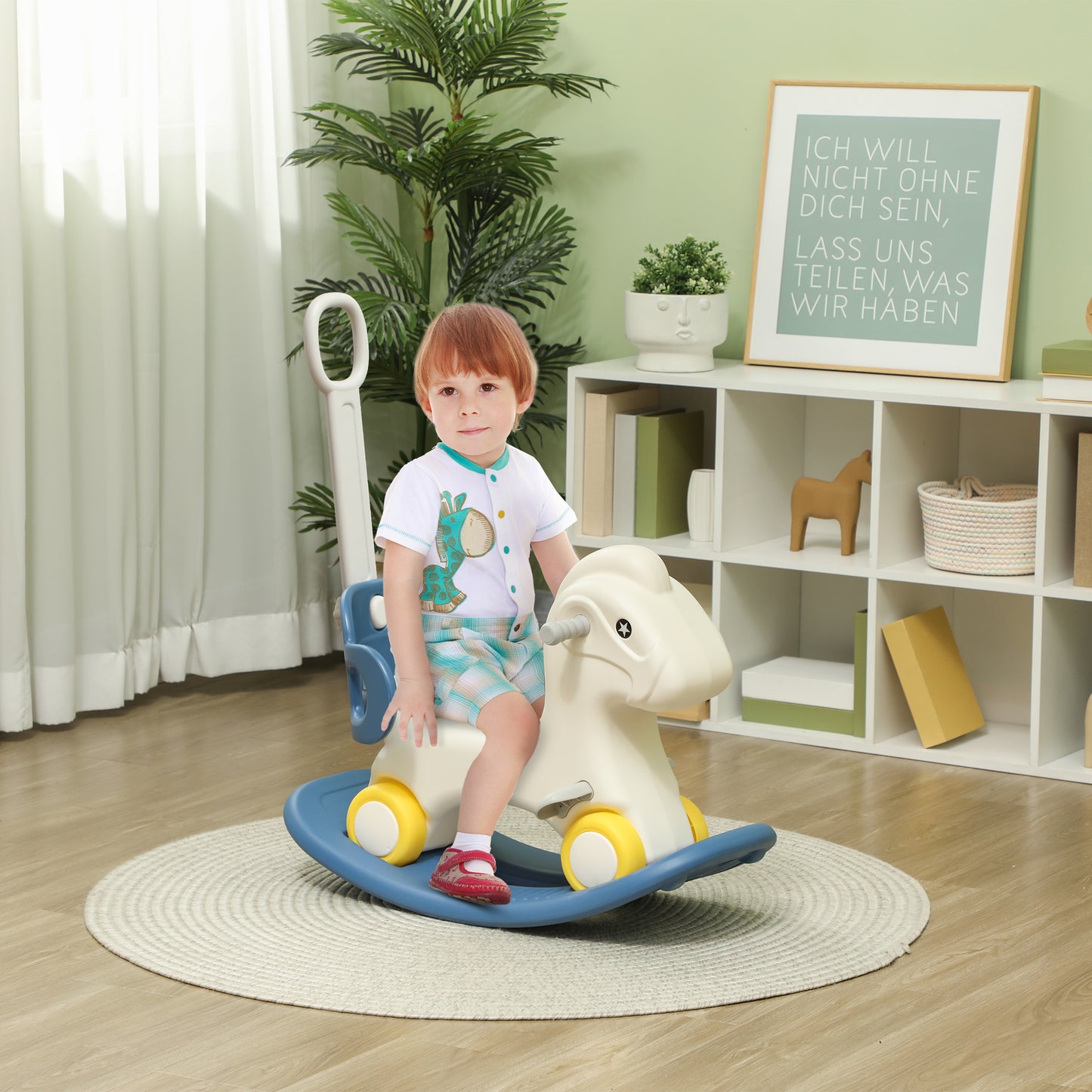4 in 1 Kids Rocking Horse w/ Detachable Balance Board & Push Handel, Blue Kids Crystal