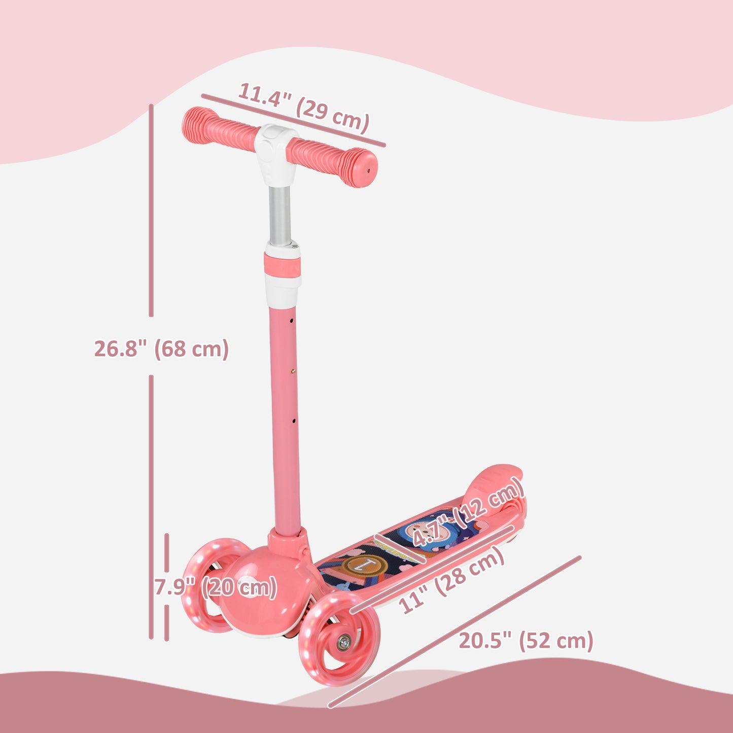 3 Wheel Kids Scooter, Toddler Kick Scooter with Adjustable Height, Rear-Fender Brake, LED Light, TPE Handlebar, Pink Kids Crystal