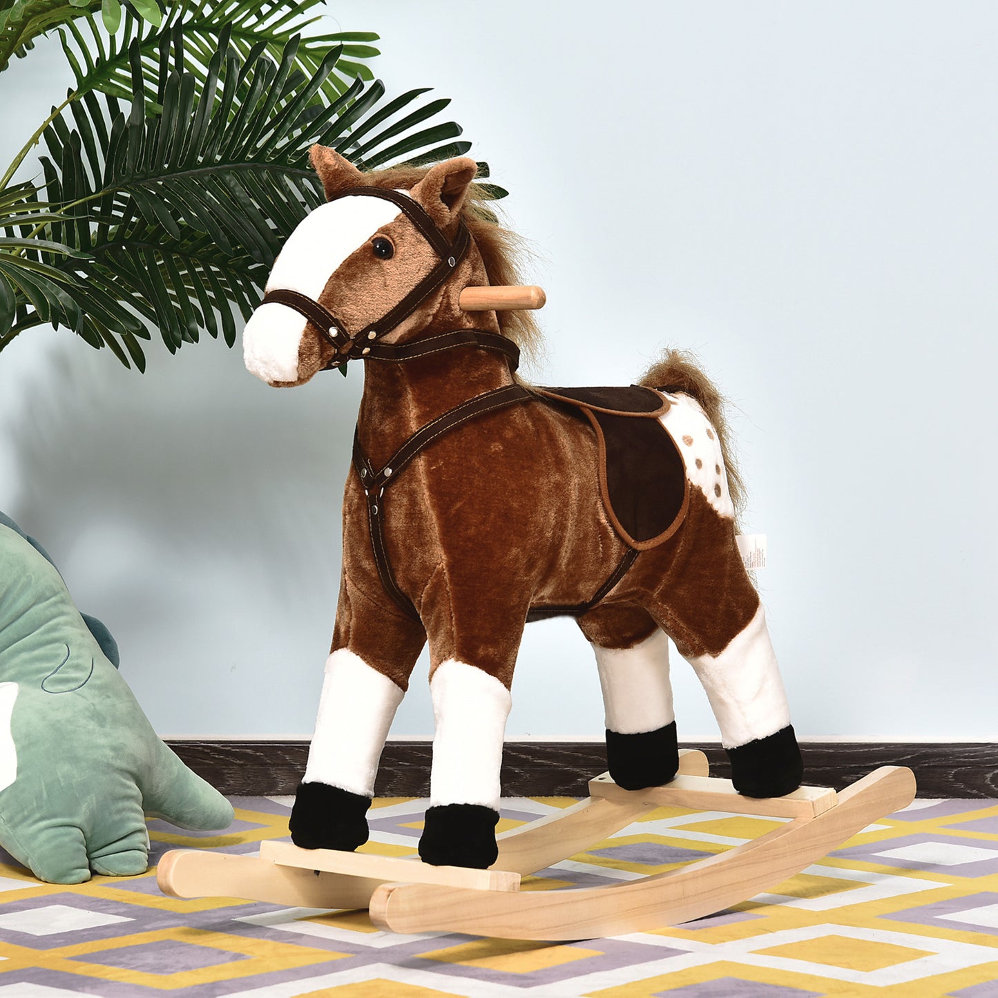 Kids Rocking Horse Plush Ride-On Toy Realistic Sounds Soft Brown Rocker Toddler Gift Kids Crystal