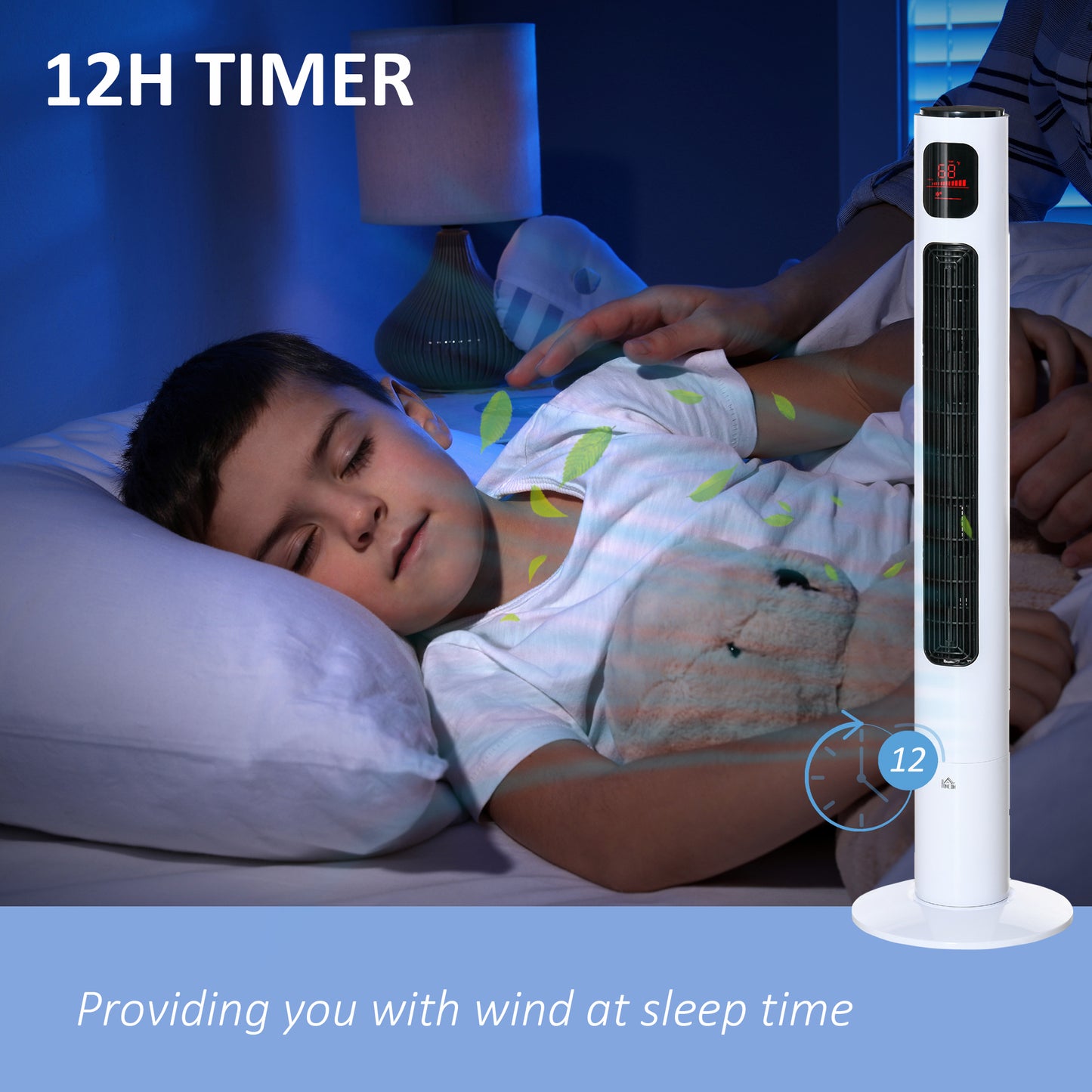 Oscillating Tower Fan Standup Cooling 3 Speed 12h Timer LED Remote White for Efficient Air Circulation