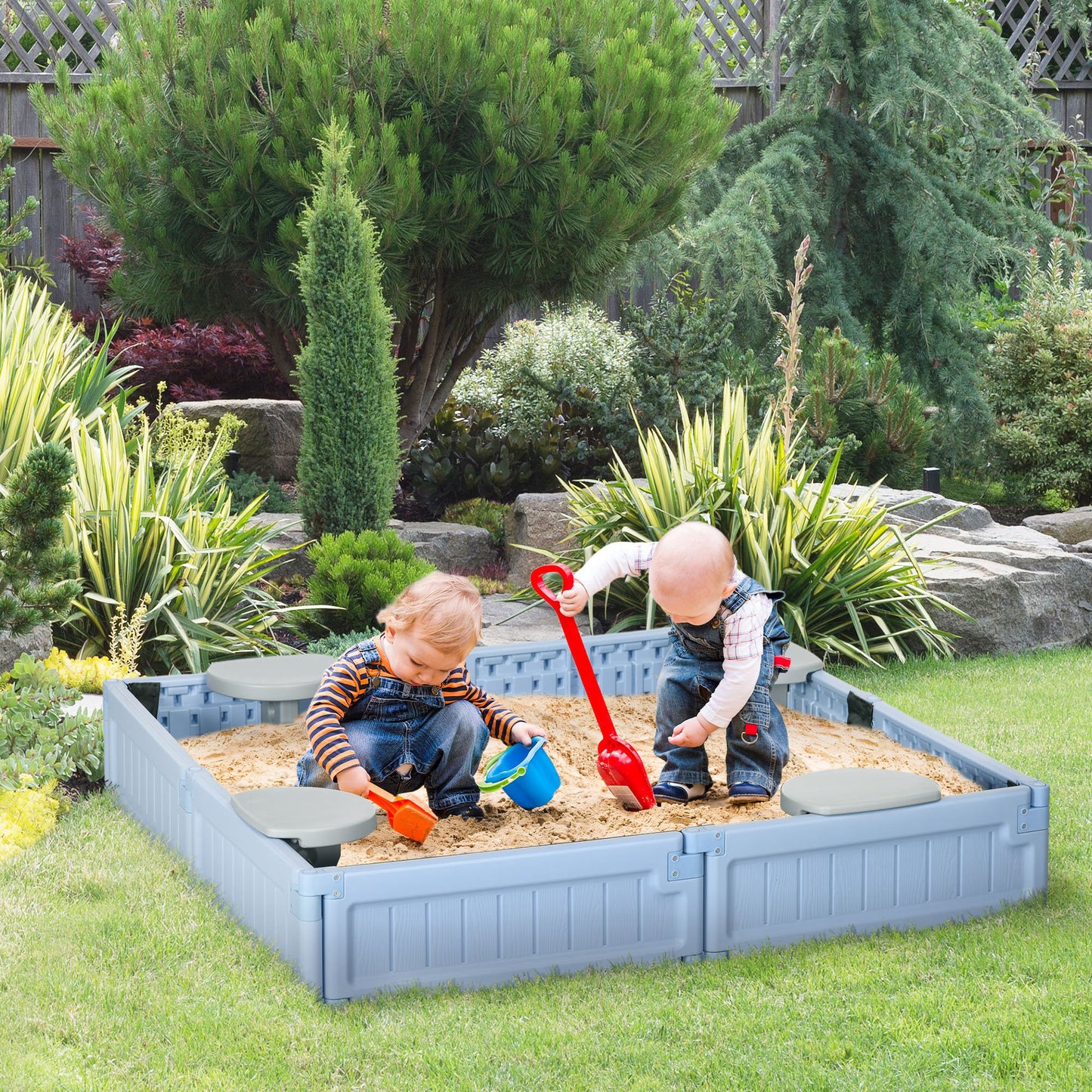 Childrens Sandbox with Canopy Light Blue Outdoor Play Area with Bottom Liner for Sun Protection Kids Crystal