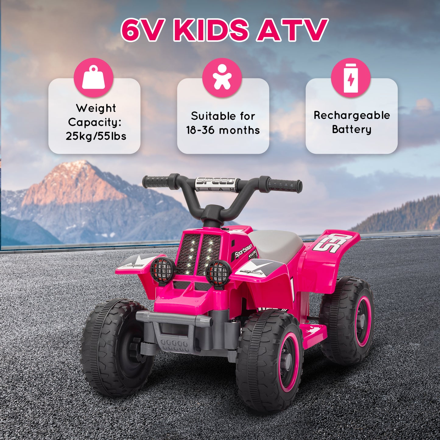 6V Kids ATV Quad, 4 Wheeler Battery Powered Electric Ride on Car w/ Lights, Forward Backward, for 3-6 Years, Pink Kids Crystal