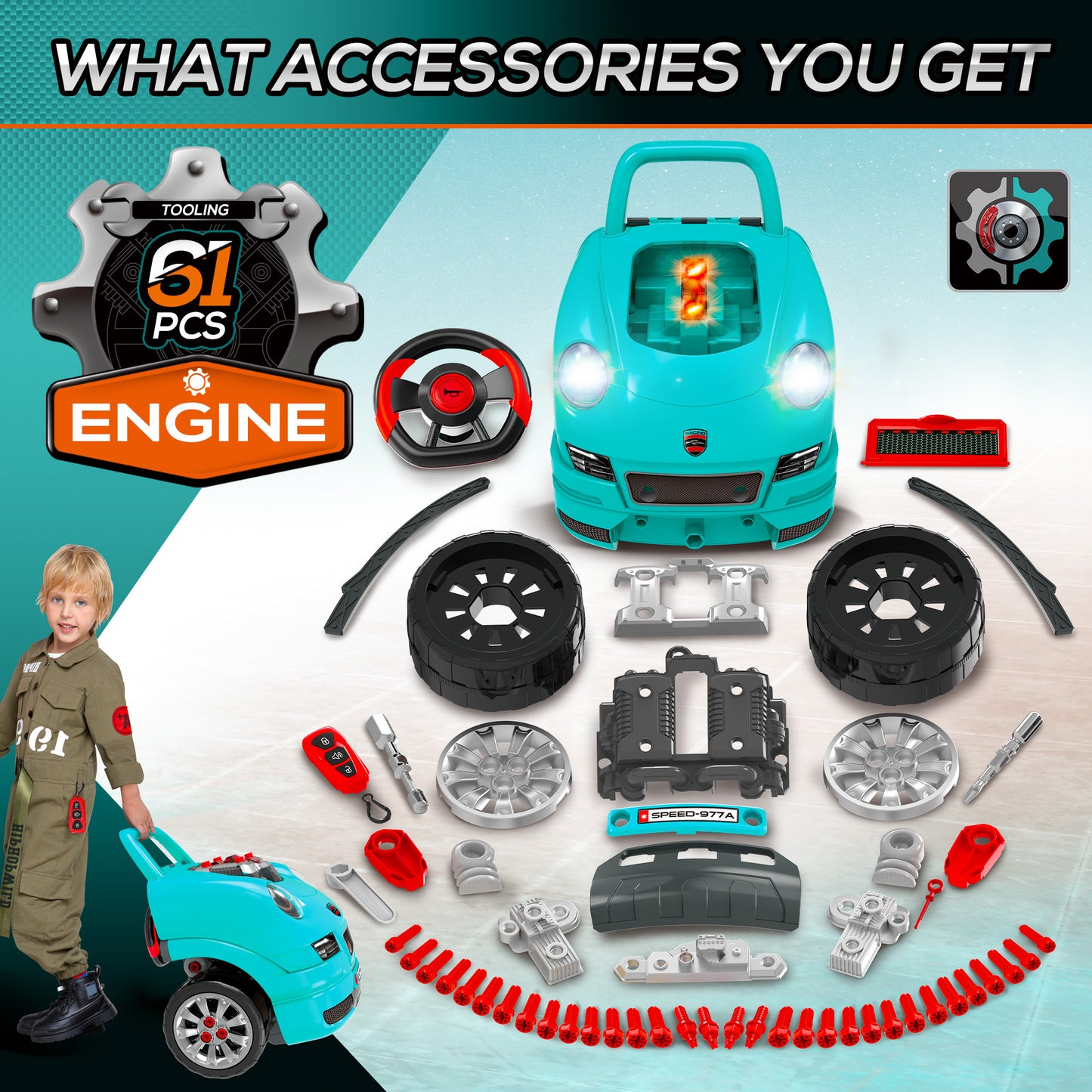 Kids Mechanic Truck Engine Repair Toy Set Car Service Teal Playset with Tools for Pretend Play Kids Crystal