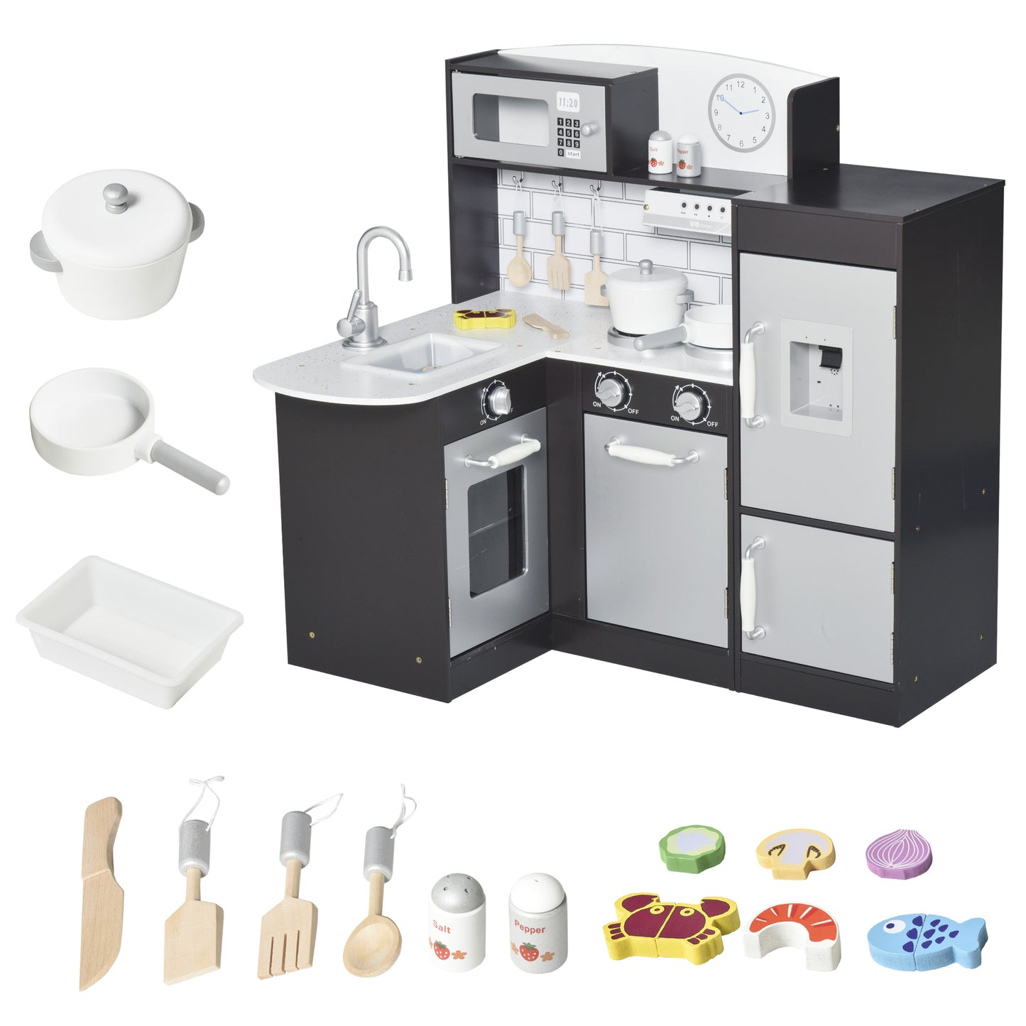 Play Kitchen Set for Kids - Black Cooking Toy with Drinking Fountain, Microwave, Fridge & Accessories Kids Crystal