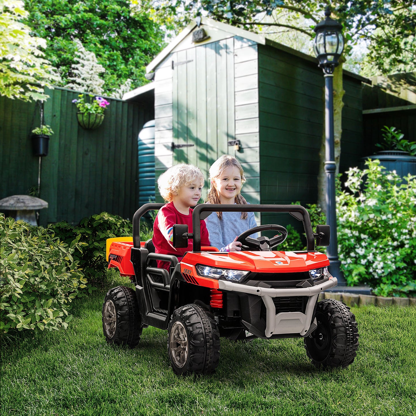 Kids Ride on Car 12V with Electric Bucket, Two-Seater Battery-Powered Cars for Kids with Shovel, Remote Control, Spring Suspension Kids Crystal