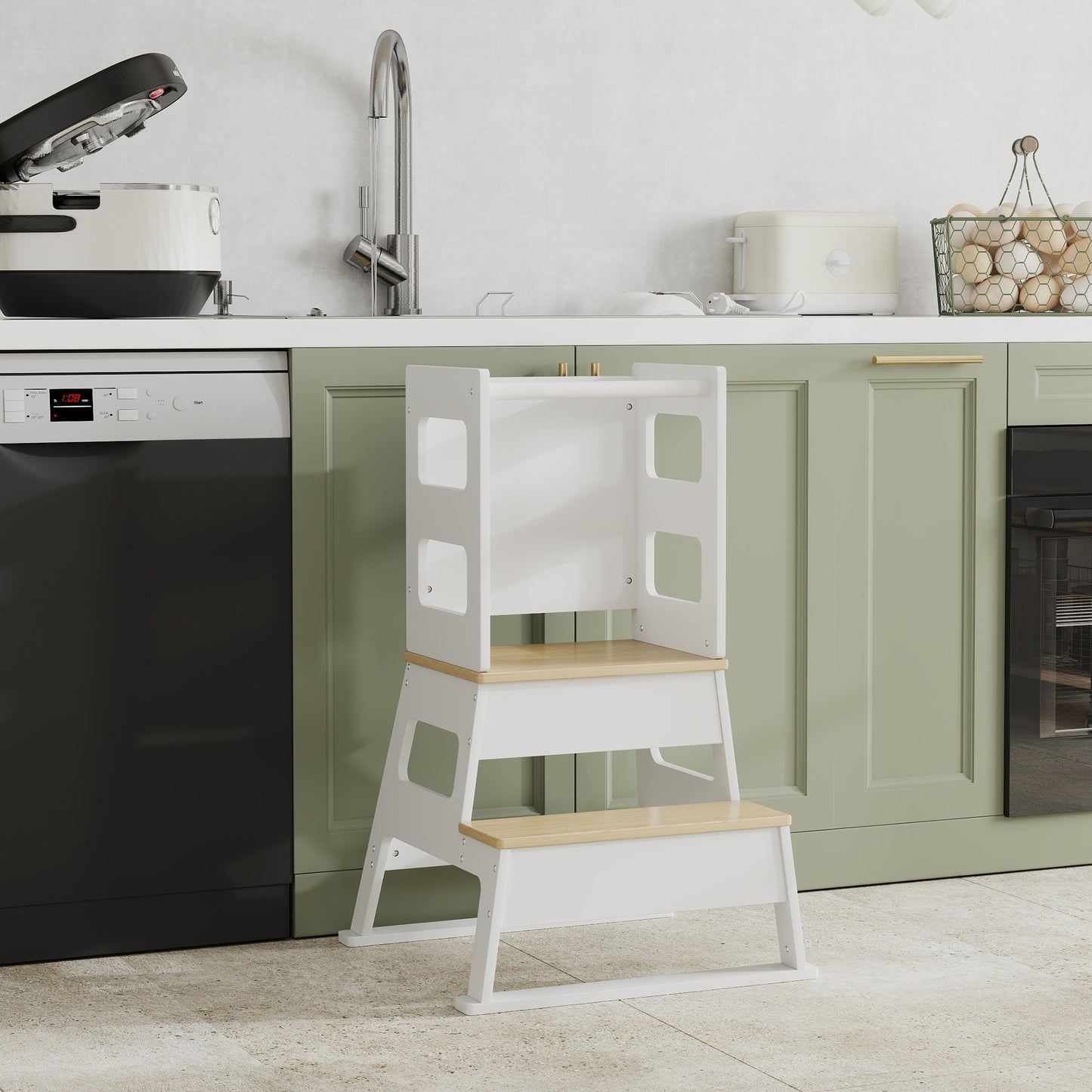 2 in 1 Toddler Tower Kitchen Helper w/ Chalkboard, Safety Rail, for Counter, Bathroom, Sink, Kitchen, White Kids Crystal