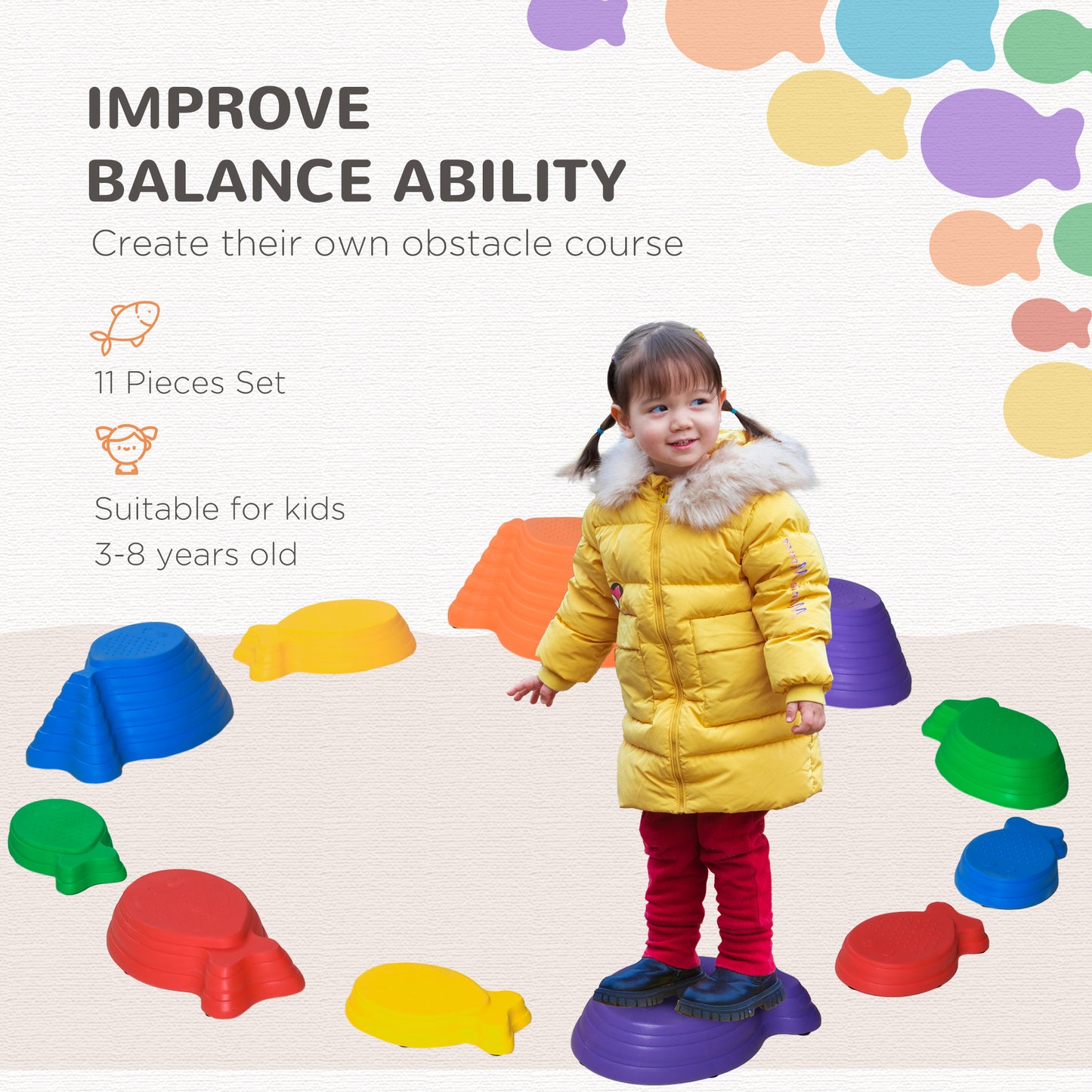 11pcs Kids Balance Stepping Stones, Fish Style - Non-slip, Stackable Obstacle Course for Toddler Balance Kids Crystal