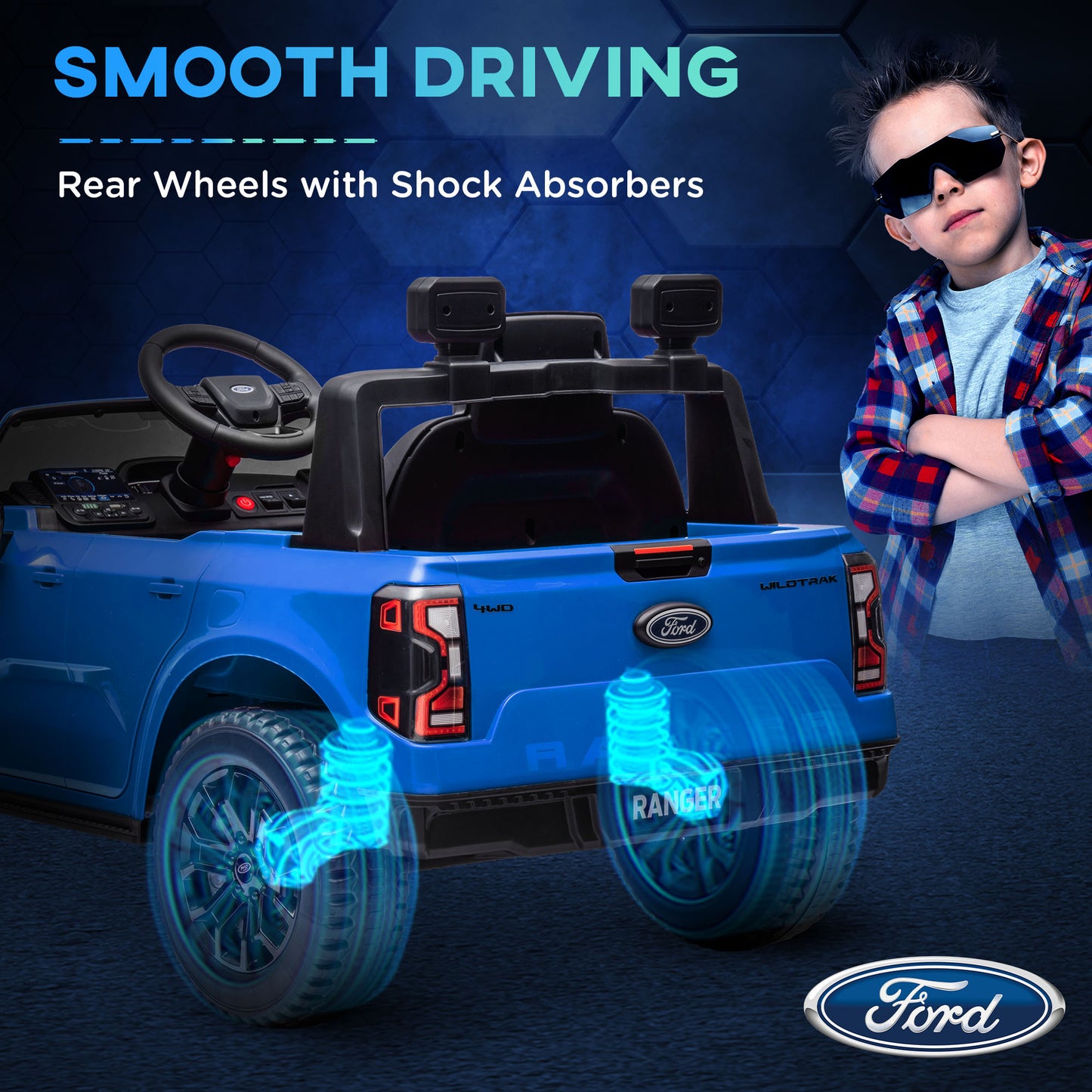 Ford Ranger Licensed 12V Ride on Car Battery Powered Kids Truck w/ Rear Storage Remote, Spring Suspension, Blue Kids Crystal