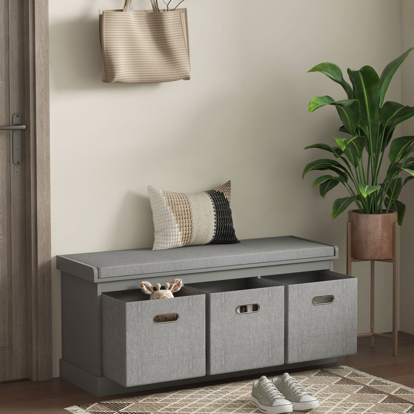 Shoe Storage Bench with Seat, Entryway Bench Seat with Cushion, 3 Fabric Drawers for Hallway, Grey Kids Crystal