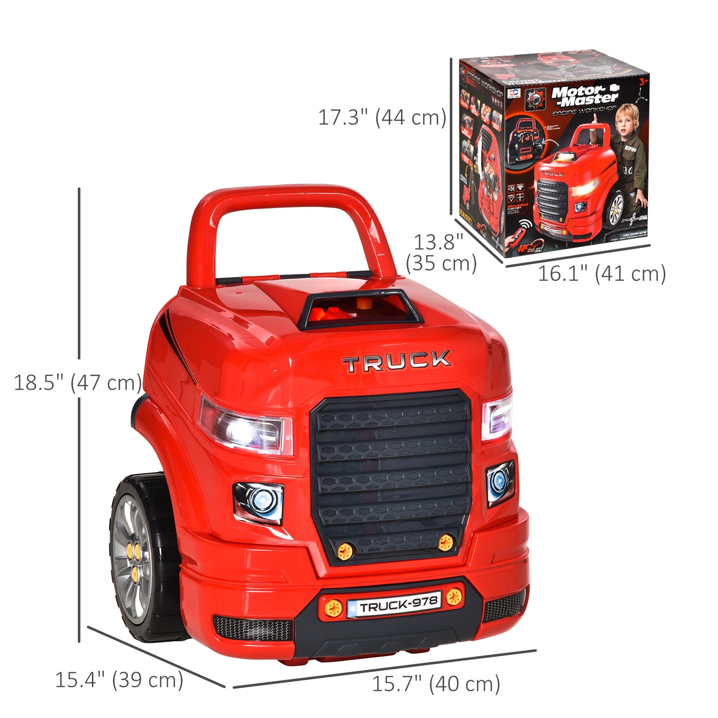 Educational Kids Truck Engine Toy Set Car Service Station Playset with Steering Wheel Horn Light RC Car Key Red Kids Crystal
