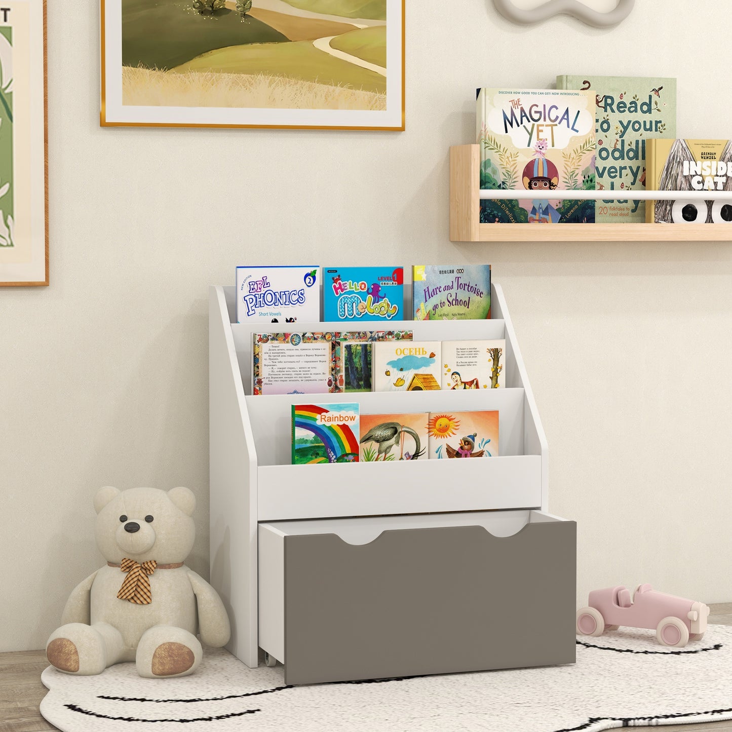 Kids Bookshelf with 3 Tier Display Shelves, Drawer for Nursery, Grey Kids Crystal