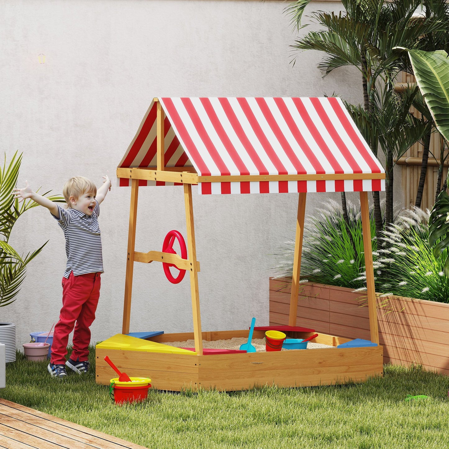 Wooden Kids Sandbox with Cover, 4 Seats, Rudder, Deck, Bottom Liner, 52" x 40" x 55.5" for Ages 3-8, Yellow Kids Crystal