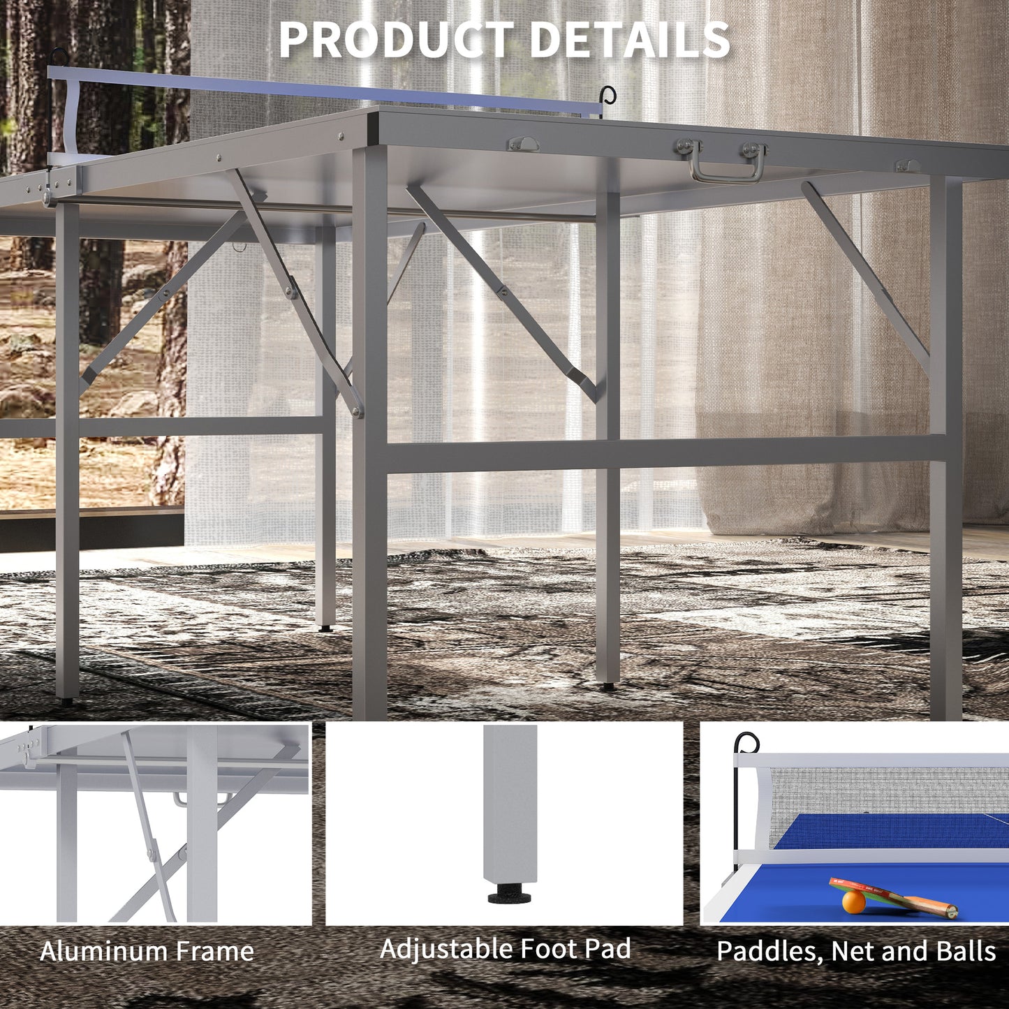 Portable Ping Pong Table Set, Table Tennis Table w/ Net, 2 Paddles, 3 Balls for Outdoor and Indoor, Easy Assembly, Blue Kids Crystal