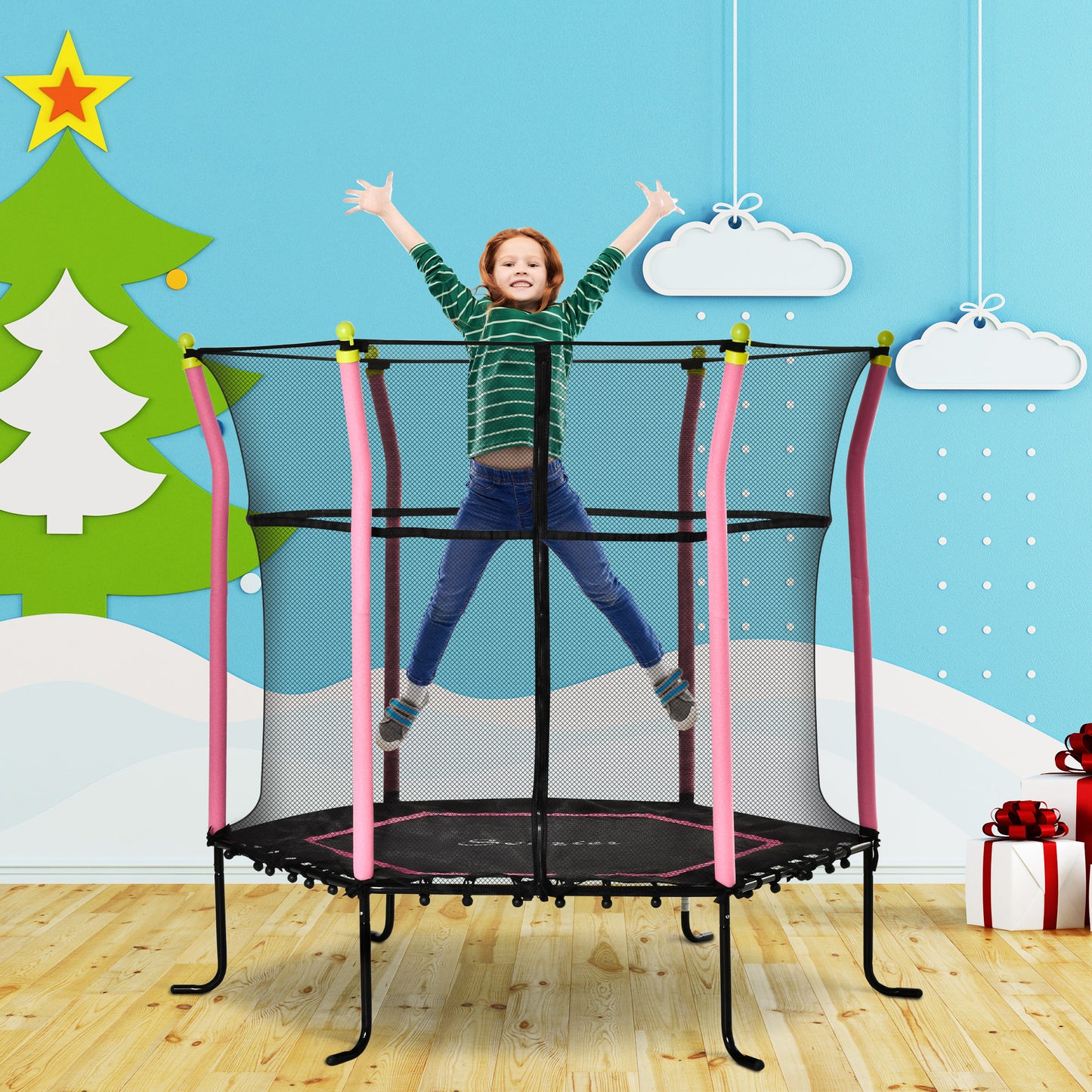 63" Kids Trampoline Mini Indoor/Outdoor Bouncer Jumper Enclosure Net Elastic Padded Pole Gift Pink 3-10 Years Kids Crystal