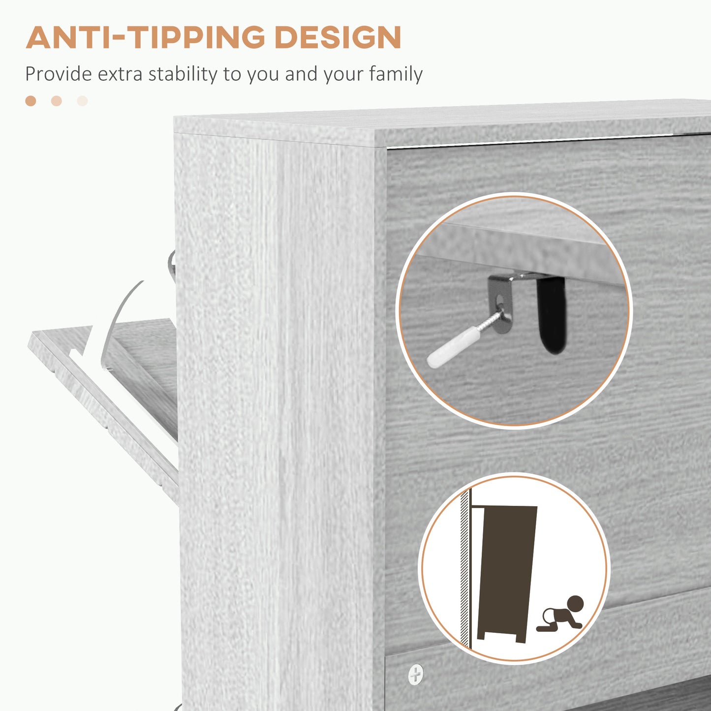 Narrow Shoe Storage Cabinet: 3 Flip Drawers, Slim Design, 12 Pair Organizer for Hallway, Entryway Kids Crystal