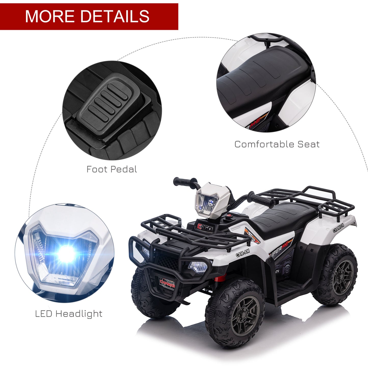 Kids ATV: 12V, 4 Wheeler Quad, Battery Powered, Music, LED Lights, Treaded Tires, 3-5 Years, White Kids Crystal