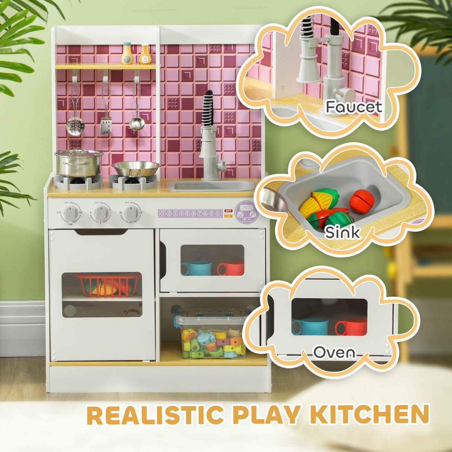Play Kitchen Set for Kids, Kids Kitchen Playset with Realistic Lights & Sounds, Sink, Oven, Stove, White Kids Crystal
