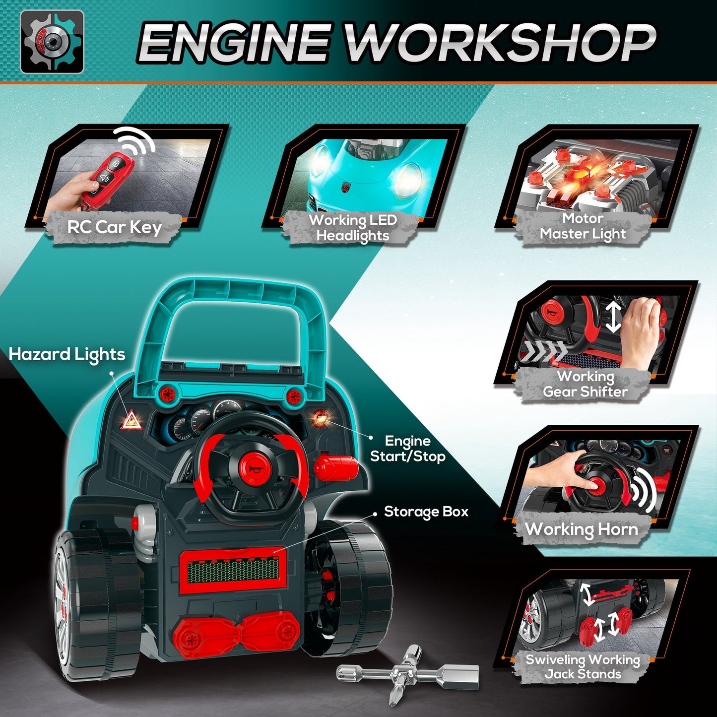 Kids Mechanic Truck Engine Repair Toy Set Car Service Teal Playset with Tools for Pretend Play Kids Crystal