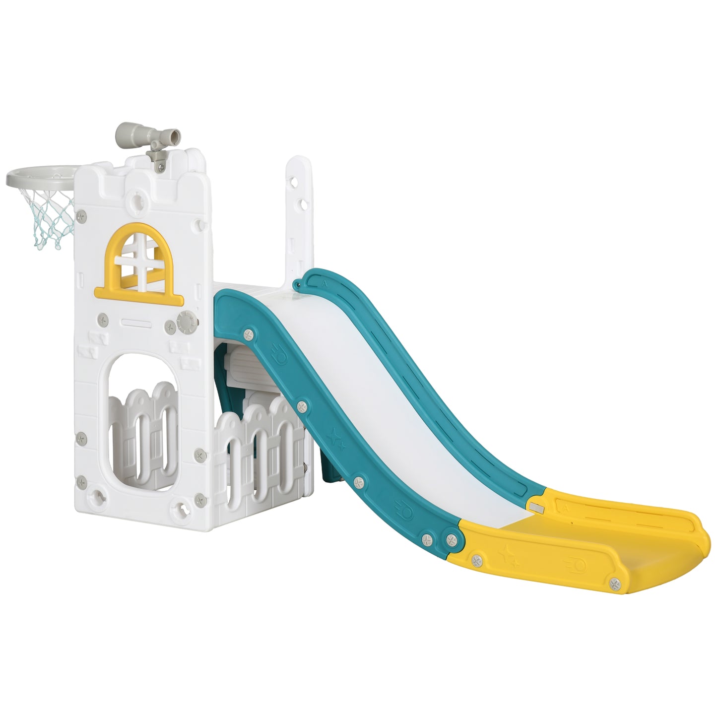 4 in 1 Toddler Slide with Basketball Hoop, Climber, Telescope, Storage Basket, for 1-3 Years Kids Indoor Use, Yellow Kids Crystal