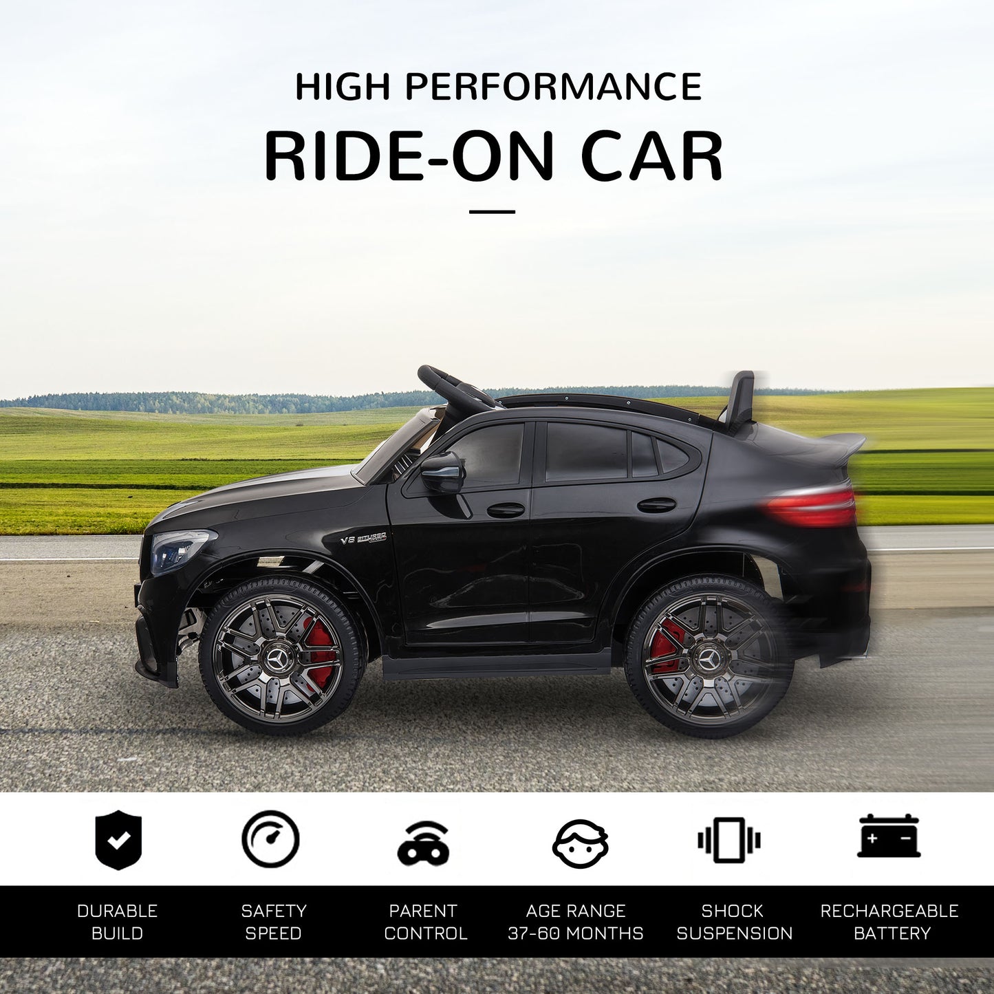 Licensed Ride-On Car: 12V Electric, Remote Control, Suspension Wheels, Black, Kids Powered Ride-On Kids Crystal