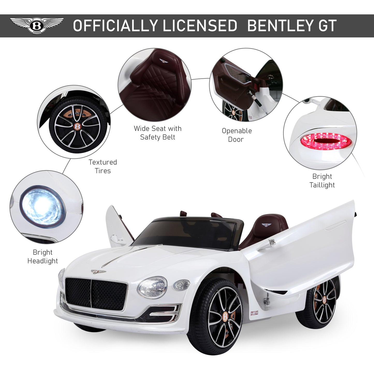 Licensed Bentley Ride-On Car: 12V, Electric, Battery Powered, Remote Control, 2 Speed, White Kids Crystal
