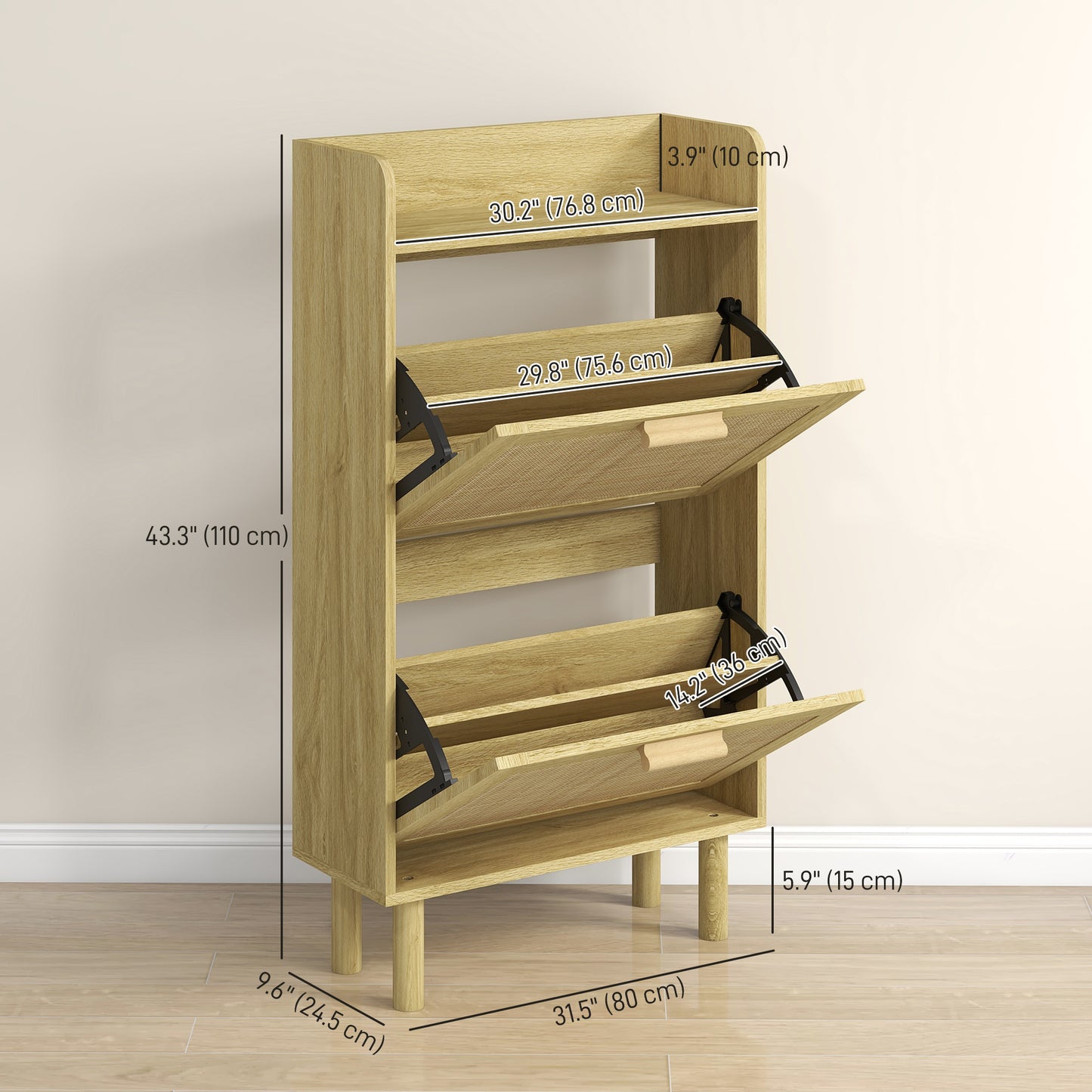 Slim Shoe Storage 2 Flip Drawers Adjustable Shelves Rattan Shoe Organizer 12 Pairs Oak Space Saving Kids Crystal