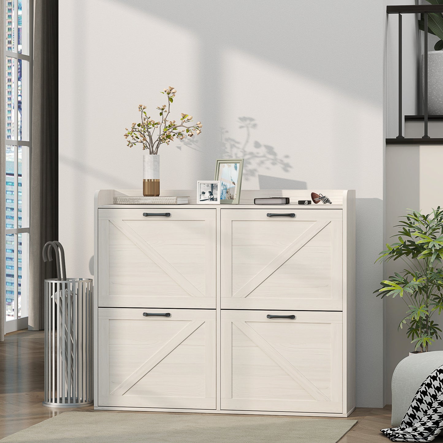 Narrow Shoe Storage Cabinet with 4 Flip Drawers, Adjustable Shelves, 16 Pair Farmhouse Shoe Cabinet, White Oak Kids Crystal