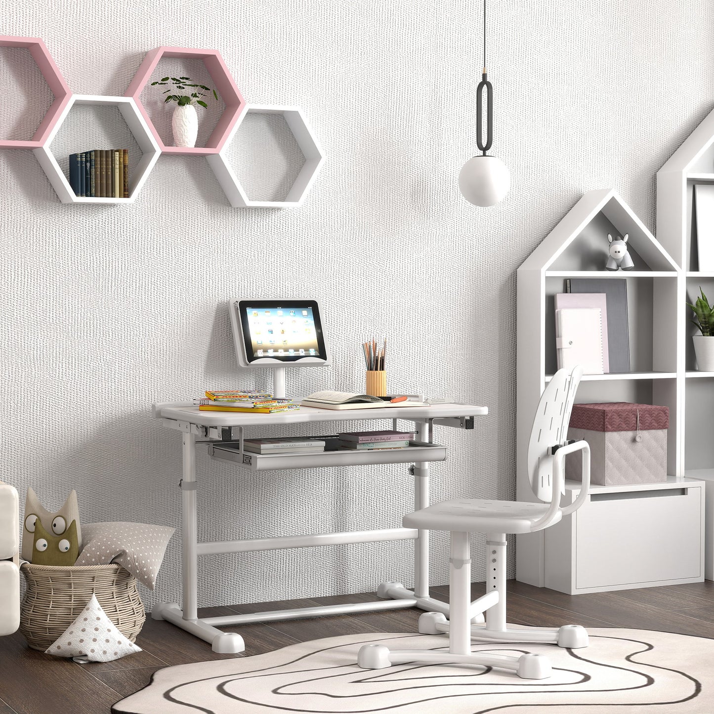 Height Adjustable Kids Desk and Chair Set with Tilt Desktop, Large Writing Board, Storage Drawer, Book Stand, Grey Kids Crystal