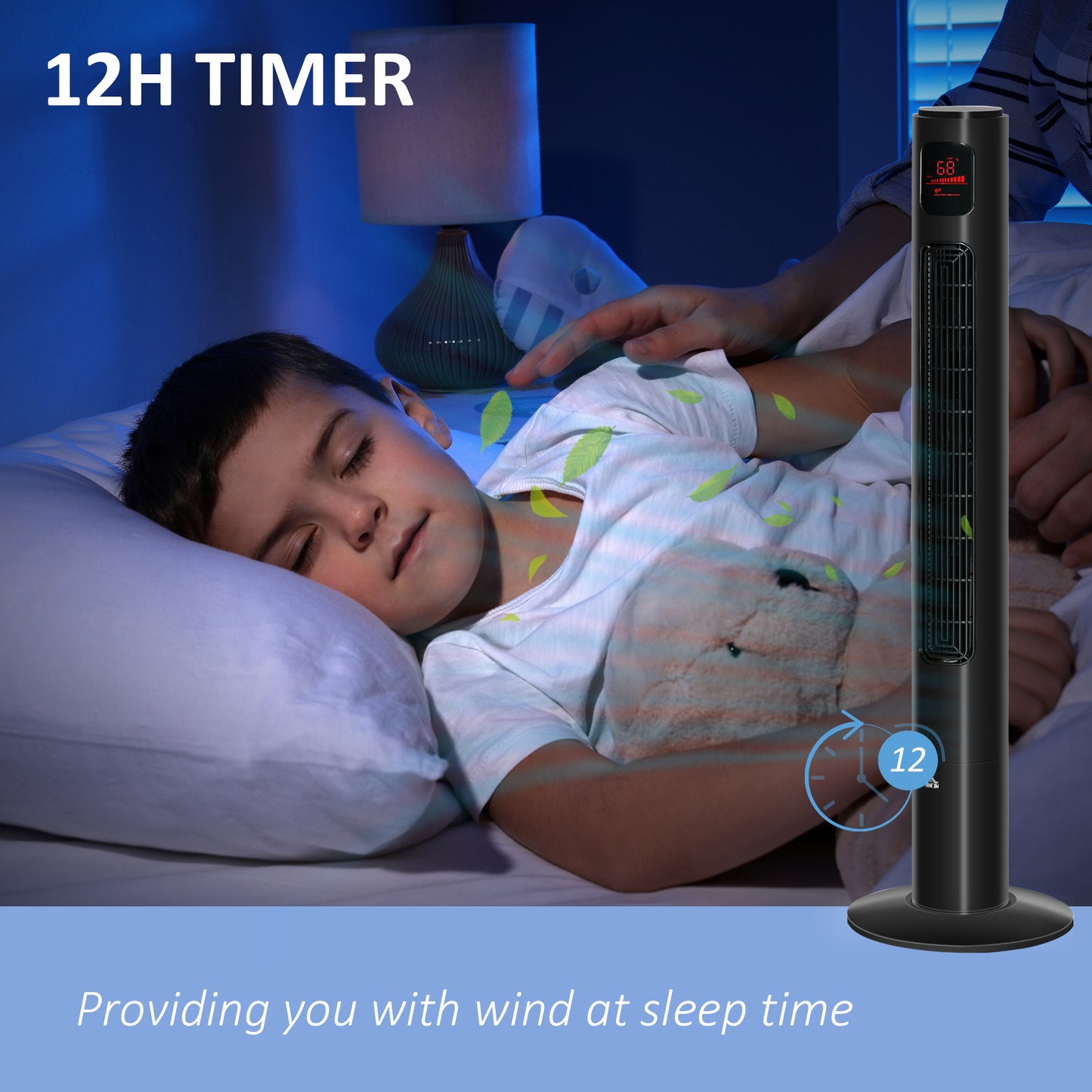 Oscillating Tower Fan Standup Cooling 3 Speed 12h Timer LED Remote Black for Efficient Air Circulation Kids Crystal