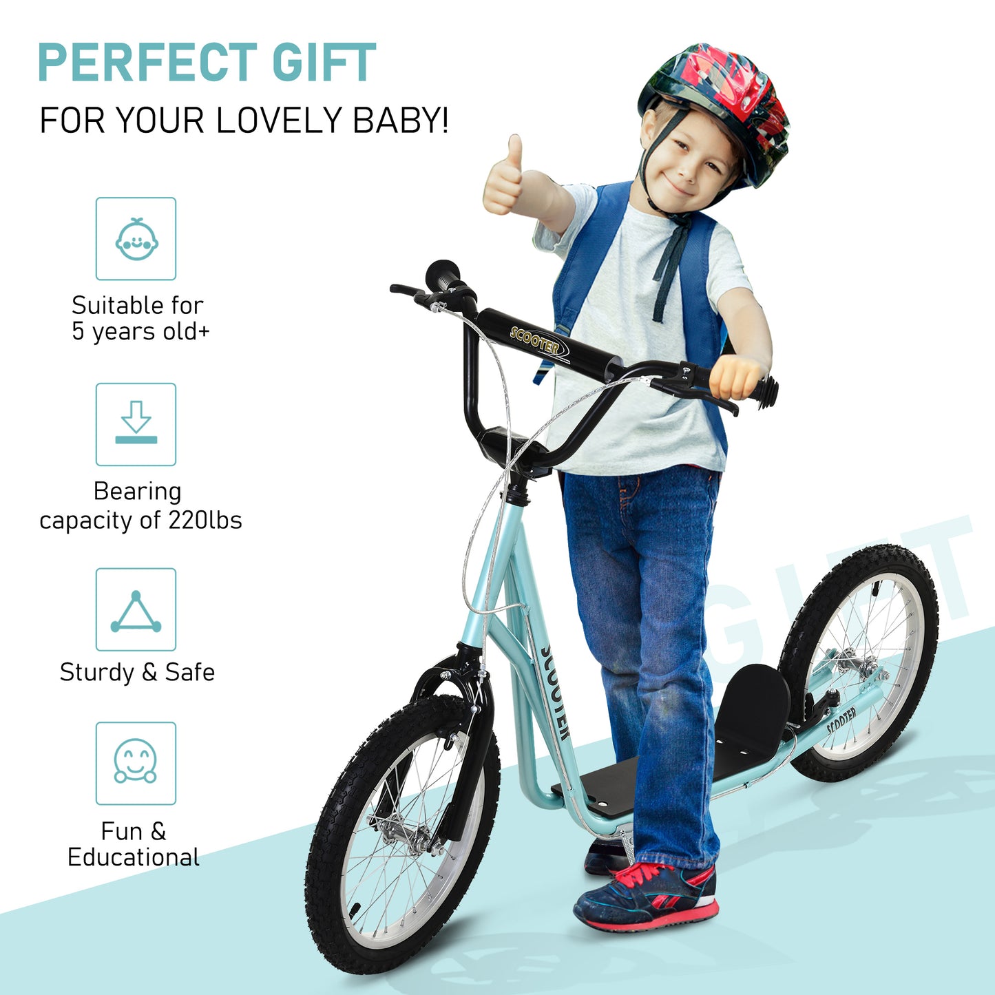 Adjustable Kids Kick Scooter: Handlebar, Dual Brakes, Inflatable Wheels, Blue Kids Crystal