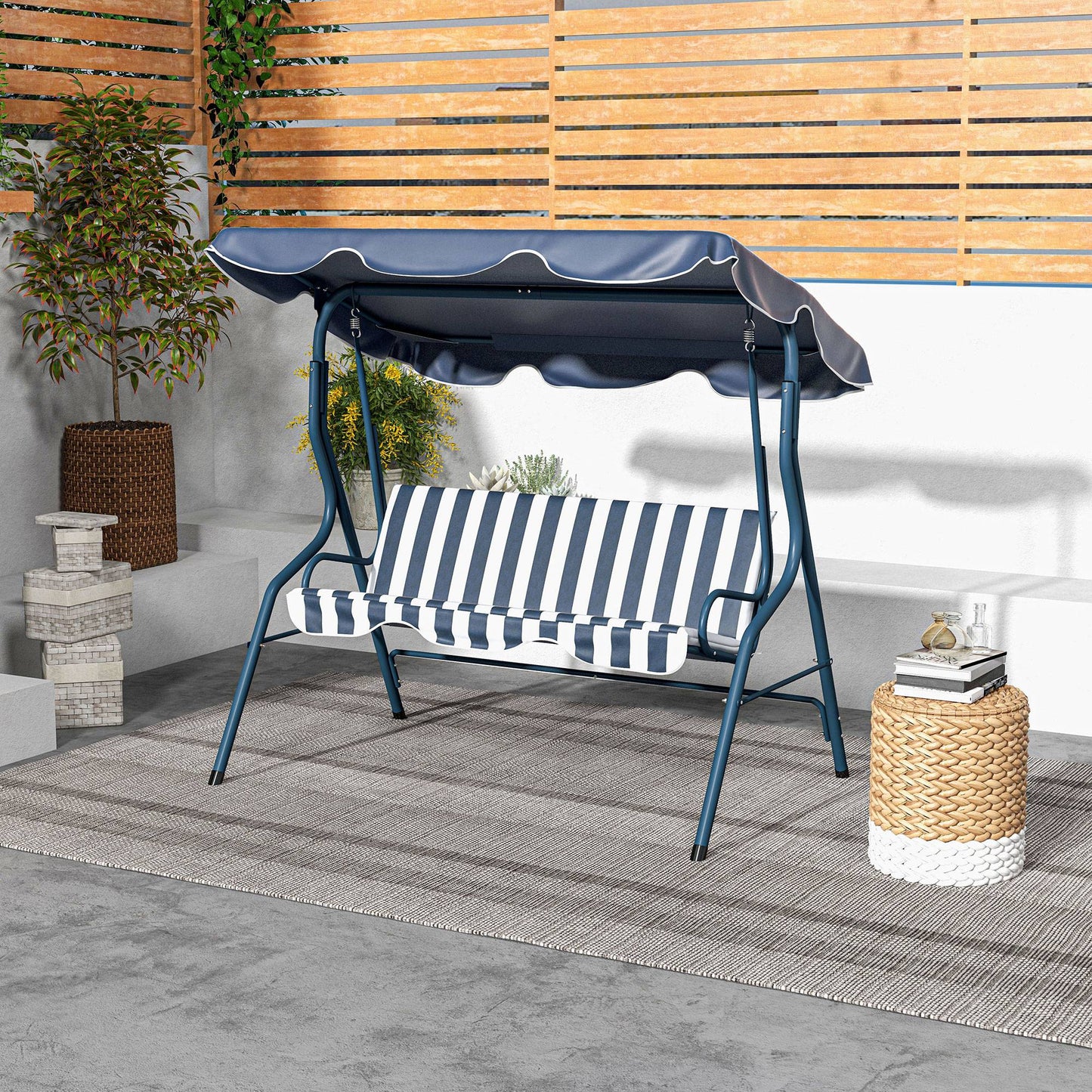 3-Seater Patio Swing Chair Outdoor Porch Swing with Adjustable Canopy Cushion Blue Kids Crystal