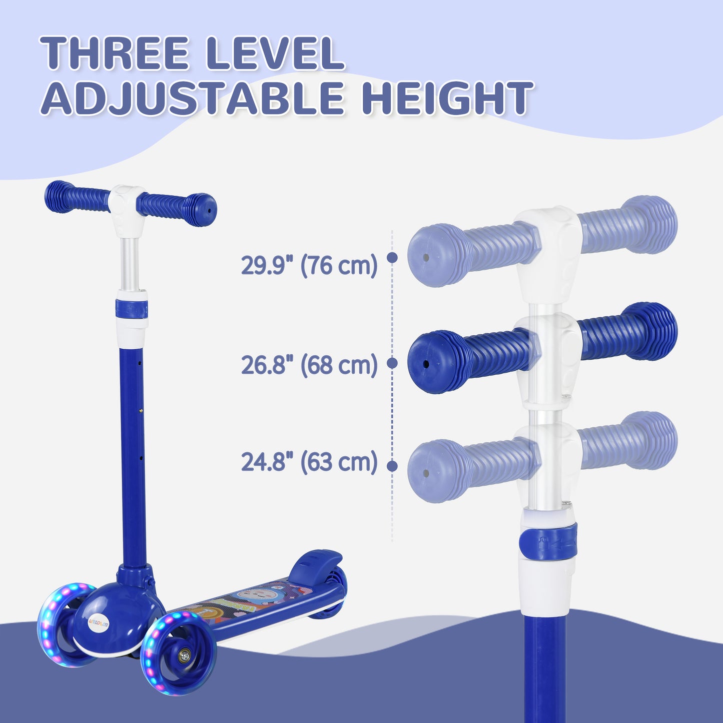 3 Wheel Kids Scooter, Toddler Kick Scooter with Adjustable Height, Rear-Fender Brake, LED Light, TPE Handlebar, Blue Kids Crystal