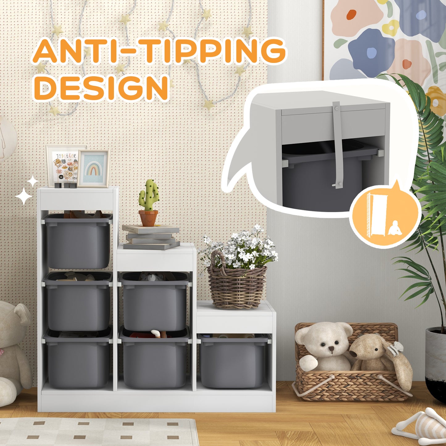 3 Layers Toy Storage Organizer Kids Bookshelf Children Toy Storage w/ 6 Plastic Bins, White
