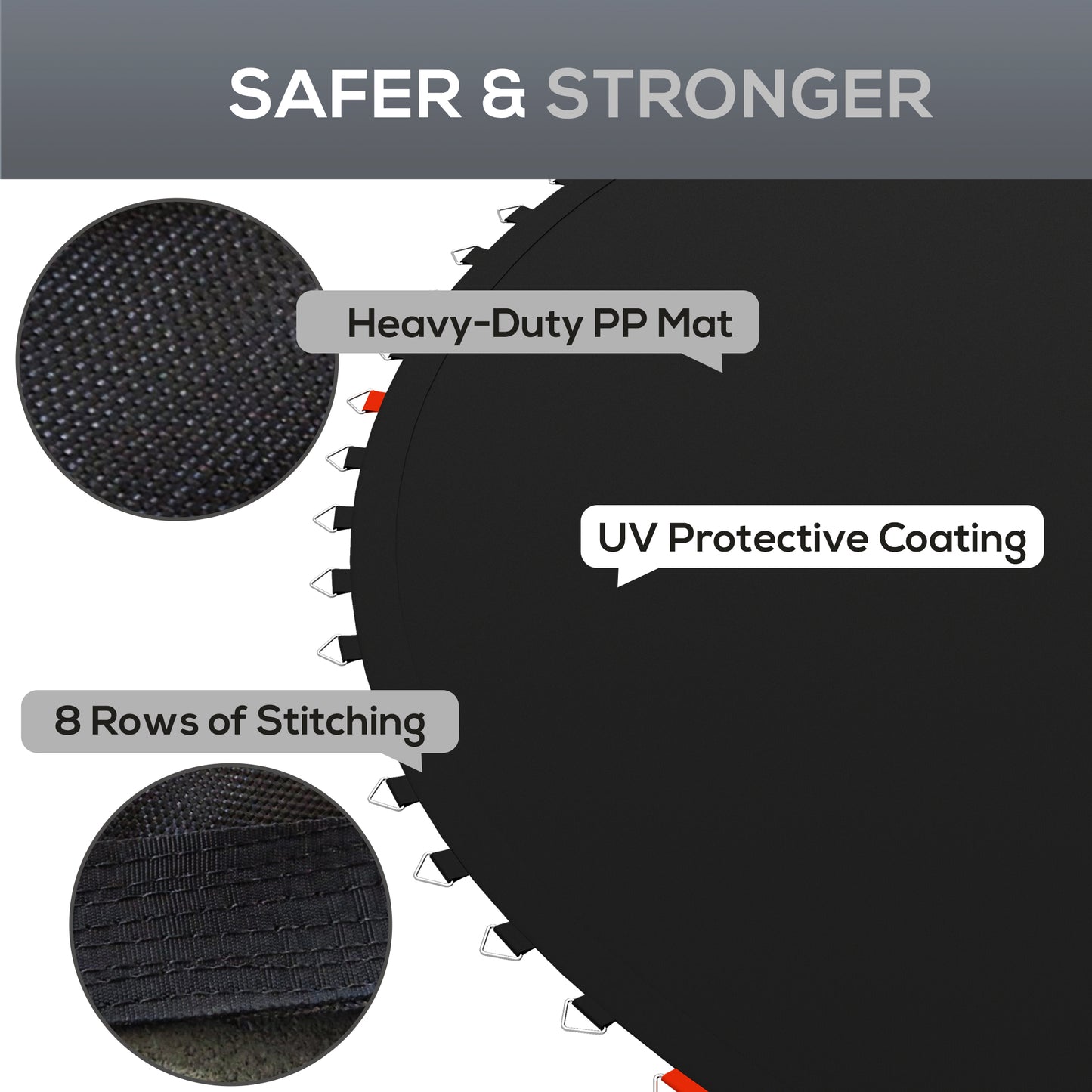 Trampoline Jumping Mat Replacement with Spring Tool 54 V-Hooks for 10ft Round Trampolines Black Kids Crystal