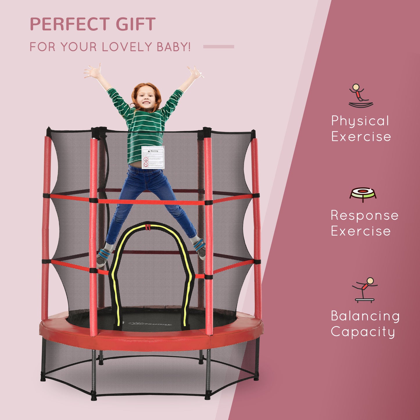 55" Kids Trampoline with Enclosure Net for Indoor/Outdoor, Trampoline for Boys and Girls Age 3-6 Years, Red Kids Crystal