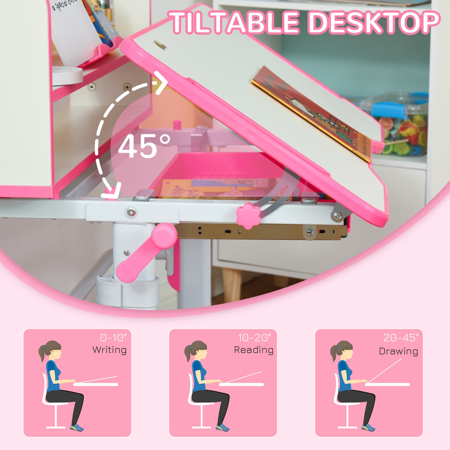 Kids Adjustable Desk and Chair Set with LED Light Bookshelf Drawer for Student Study Pink Kids Crystal